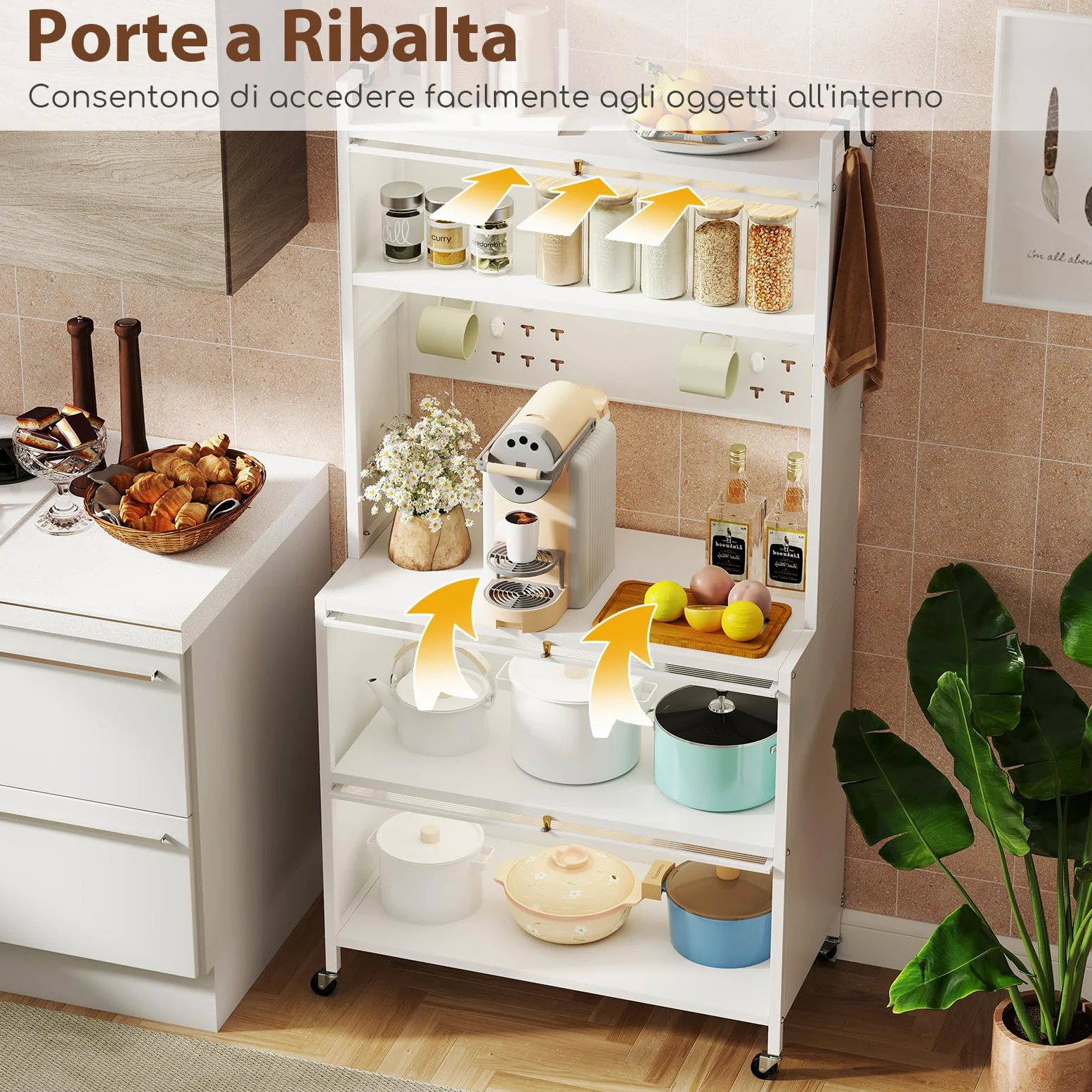 RELAX4LIFE Scaffale da Cucina con 5 Ripiani, Armadio con Ruote, Porte a Battente, Ganci Superiori e Pannello con Perforazioni, Mobile Multifunzionale per Cucina, Sala da Pranzo (Bianco)