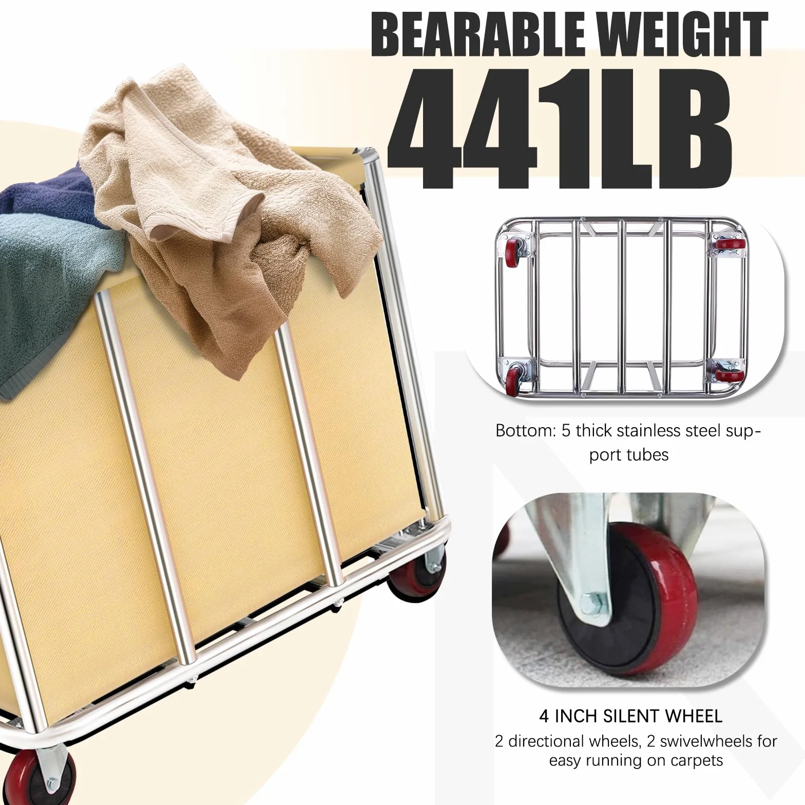 Carrello per lavanderia pesante commerciale, grande carrello portaoggetti in acciaio inox con ruote, cesti di rotolamento, camion con fodera rimovibile in tela per Lndustrial/Home 400L