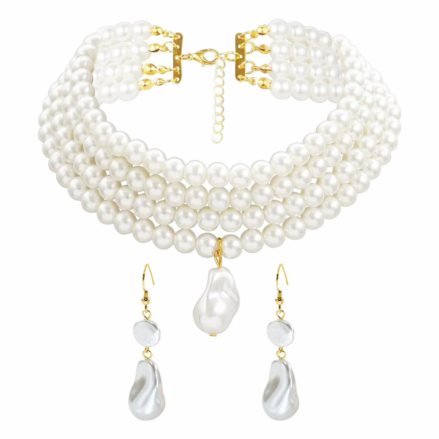 1 Collana di Perle Multistrato, 1 Paio di Orecchini di Perle dalla Forma Speciale, Gioielli di Perle Vintage, Gioielli di Perle dalla Forma Speciale, Collana da Donna Elee