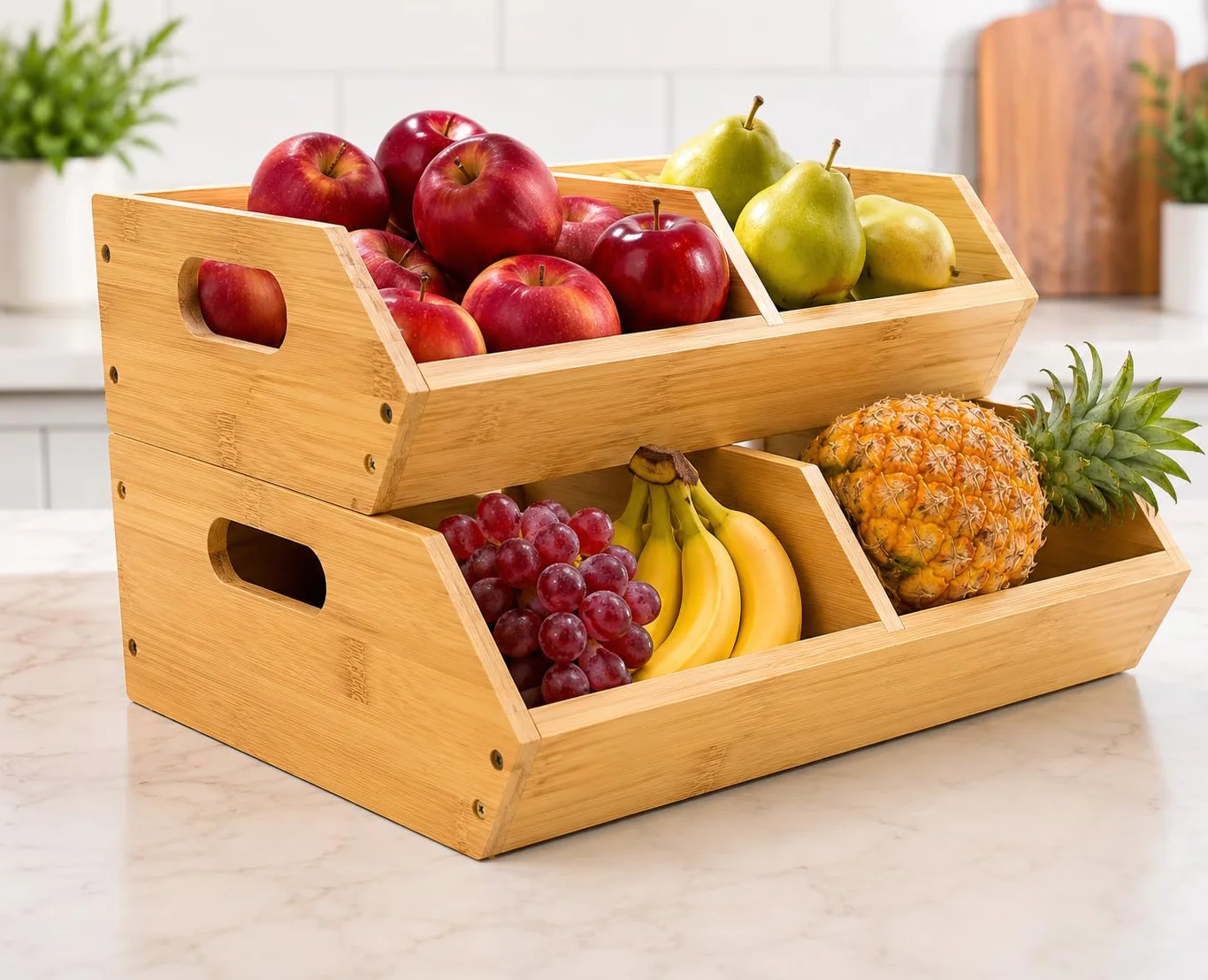 Confezione da 2 contenitori impilabili per verdure, organizer da cucina e dispensa, per frutta, verdura, prodotti, pane, patate, cipolle e snack, contenitori da cucina in bambù