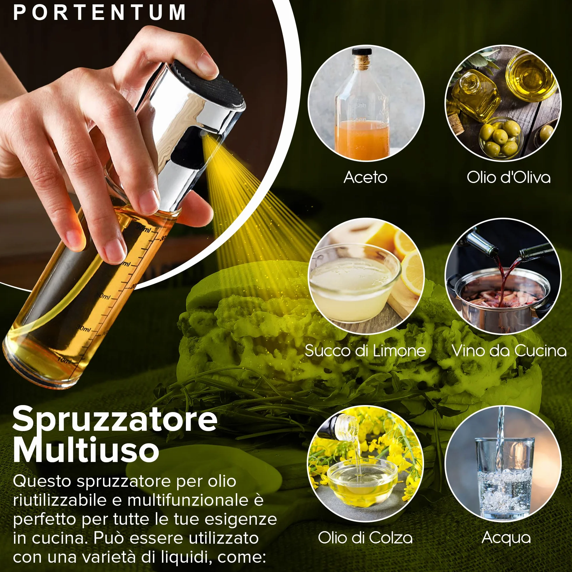 PORTENTUM Spruzzatore Olio Spray 100ml Antigoccia Oliera Vetro con Dispenser
