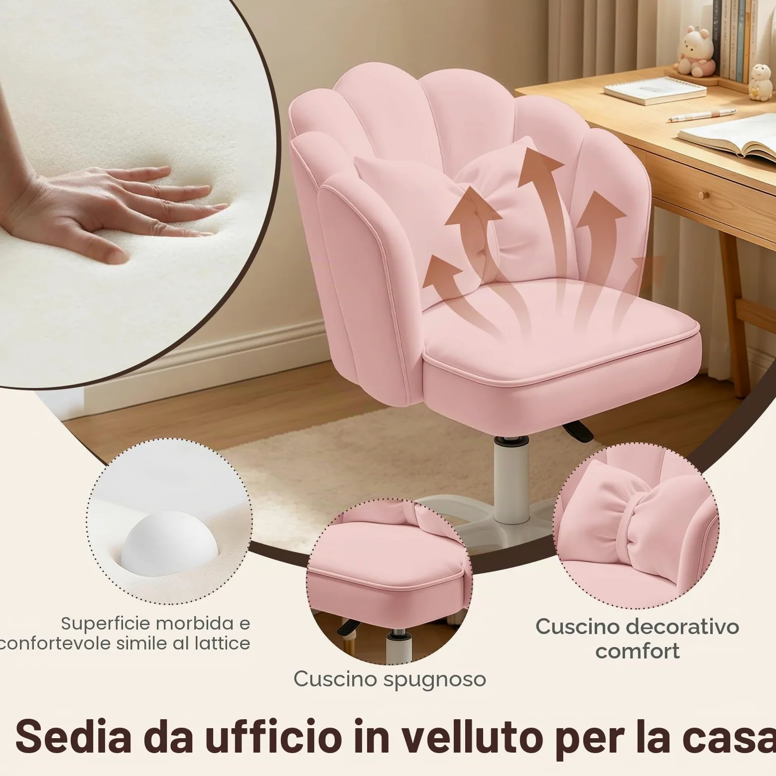Carina Sedia da Scrivania 'Petalo' in Velluto con Cuscino a Fiocco,Sedia Toeletta Farfalla per Camera da Letto,Sedia da Ufficio con Schienale per Computer(Rosa)