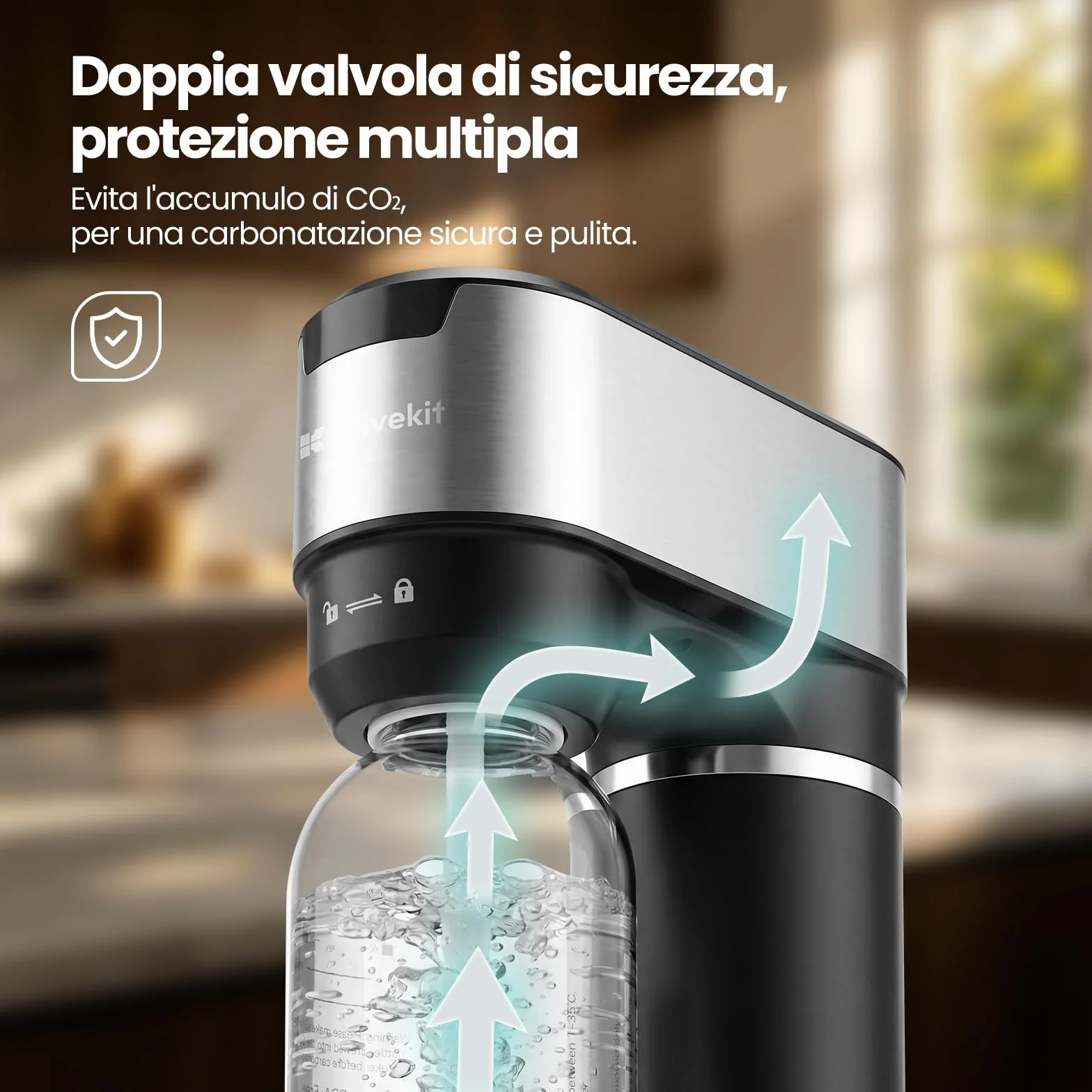 LLIVEKIT Gasatore d’acqua con 4 Livelli di Effervescenza, Bottiglie PET 0,5 L e 1 L, Acciaio Inox, Nero