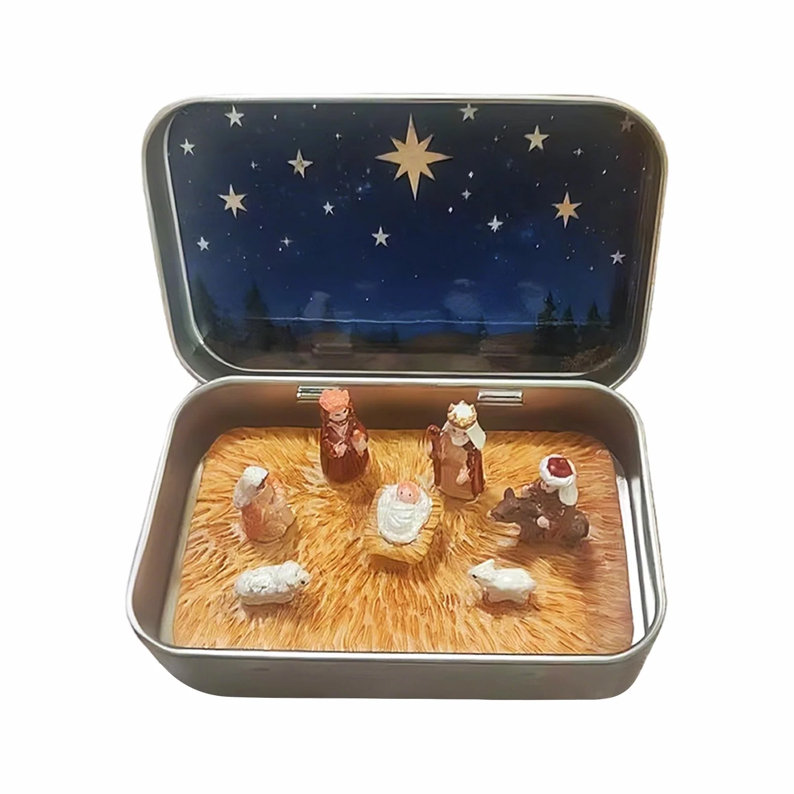 Presepe natalizio illuminato, set di statuette della Sacra Famiglia, statue di Gesù Cristo in resina, decorazione natalizia, scena in miniatura, statua in resina, presepe compatto in scatola di latta