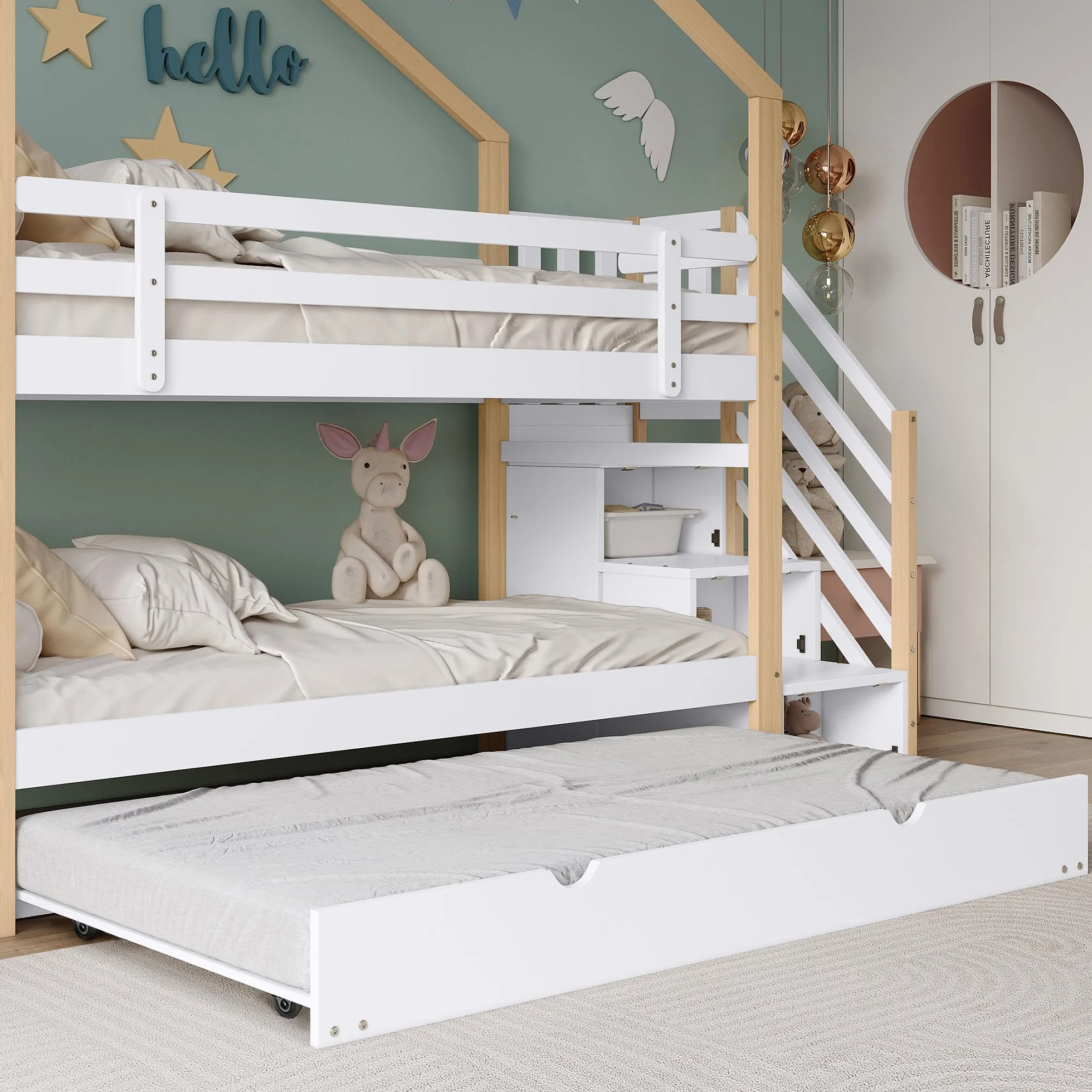 Rtopsu Letto per Bambini a Castello 90x200 cm con Letto Estraibile, Letto a Soppalco per Ragazzi con Scale e Contenitore Cassetti, Rete a Doghe in Legno, Bianco, Senza Materasso