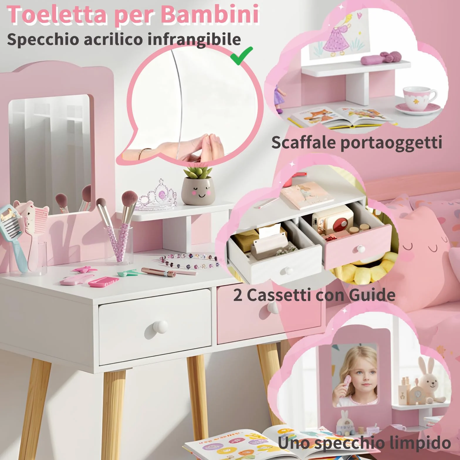 Clevich 2 in 1 Toeletta Trucco Bambina, Toeletta per Bambini con Specchio, 2 Cassetti, Scrivania in Legno con Sgabello, Robusto e Durevole, per Bambini dai 3-8 Anni, Rosa