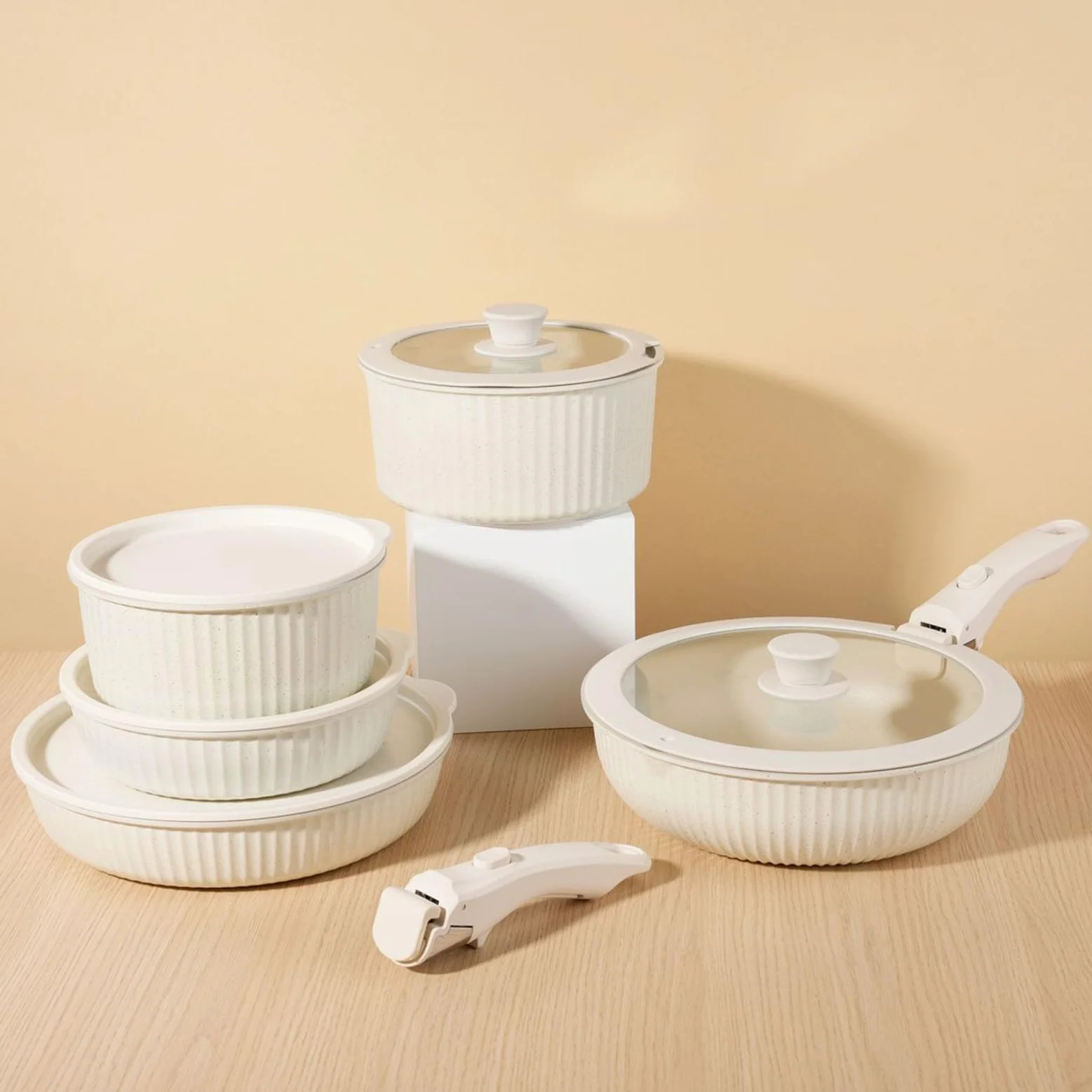 EMUKOEP Set di Pentole Pentole con Manico Staccabile Padelle con Manico Rimovibile Set di a Induzione Pentola Antiaderente Padella Profonda con Coperchio per Cucinare in C