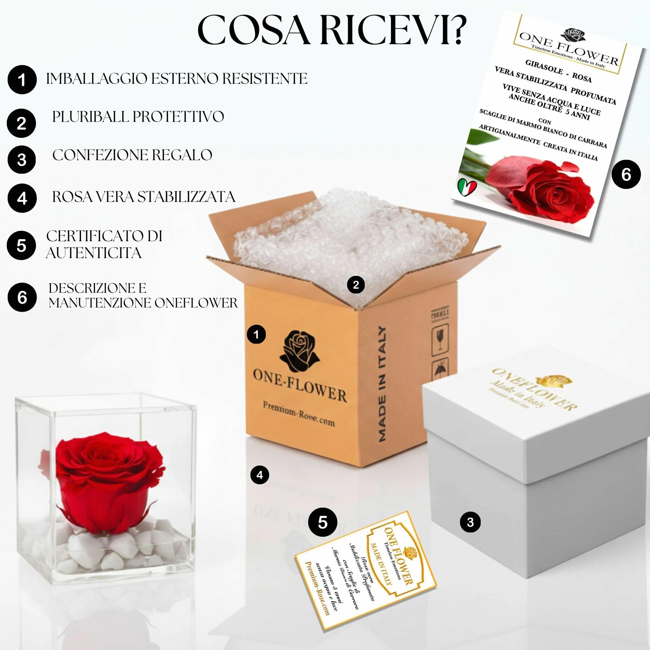 Cubo Rosa Stabilizzata Rossa 6 cm con Marmo di Carrara - Rosa Eterna Idea Regalo San Valentino Festa Mamma Made in Italy