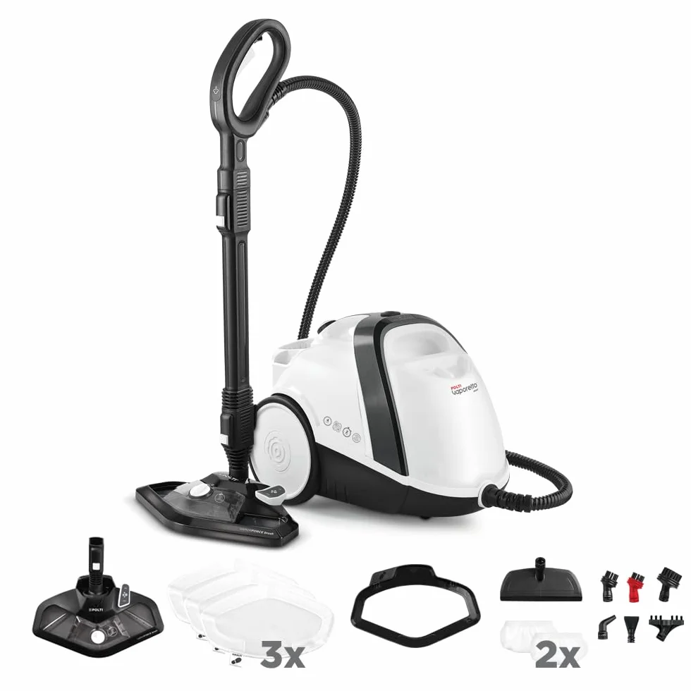 Polti Vaporetto Smart 120, Pulitore A Vapore con Caldaia, Pressione 4 Bar, Potenza Max 1500 W, Serbatoio Estraibile 2 L, Riscaldamento in 2 Minuti, 14 Accessori inclusi, Bianco e Nero