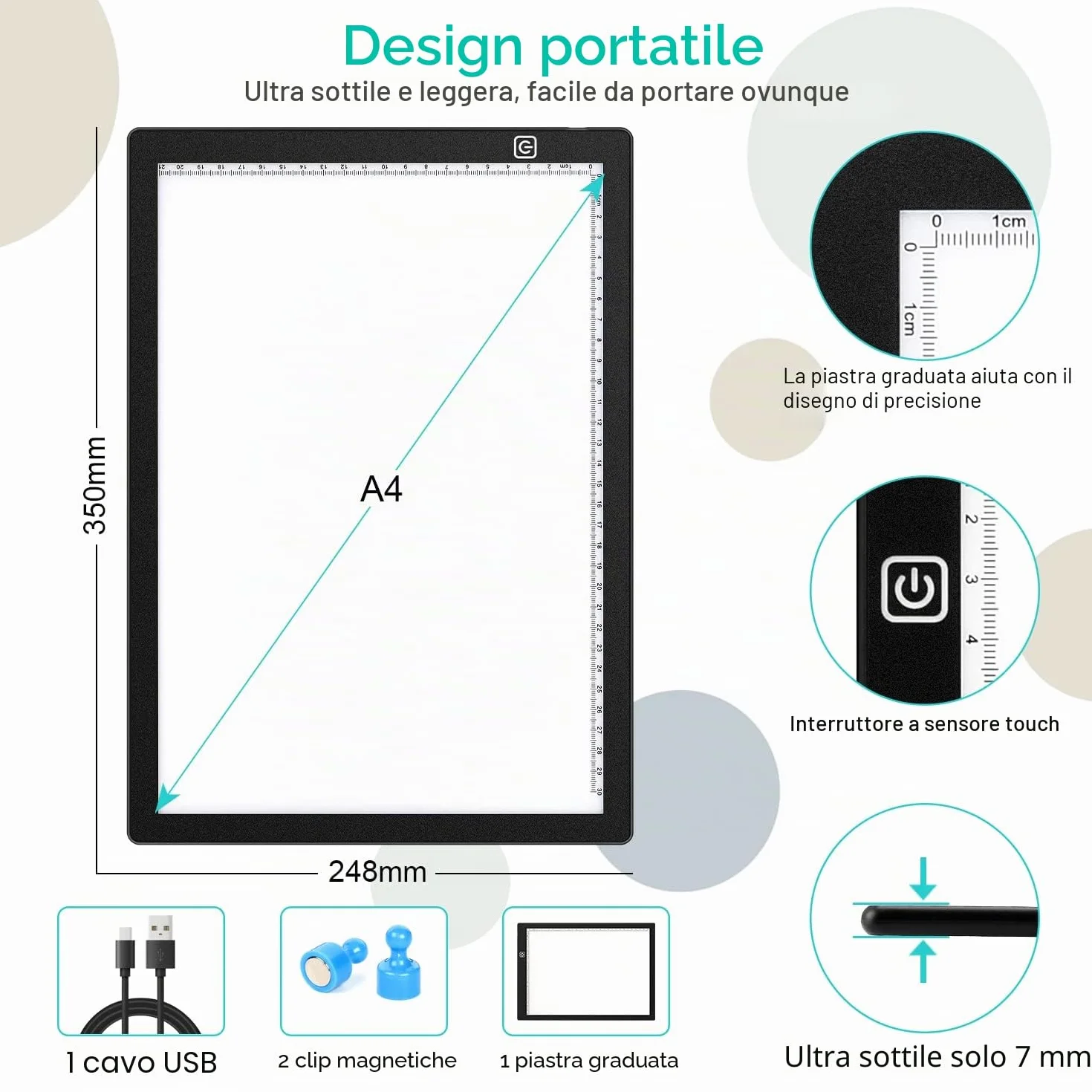 Tavolo luminoso per disegno A4 LED con 3 modalità di illuminazione, Light Pad ultra sottile touch