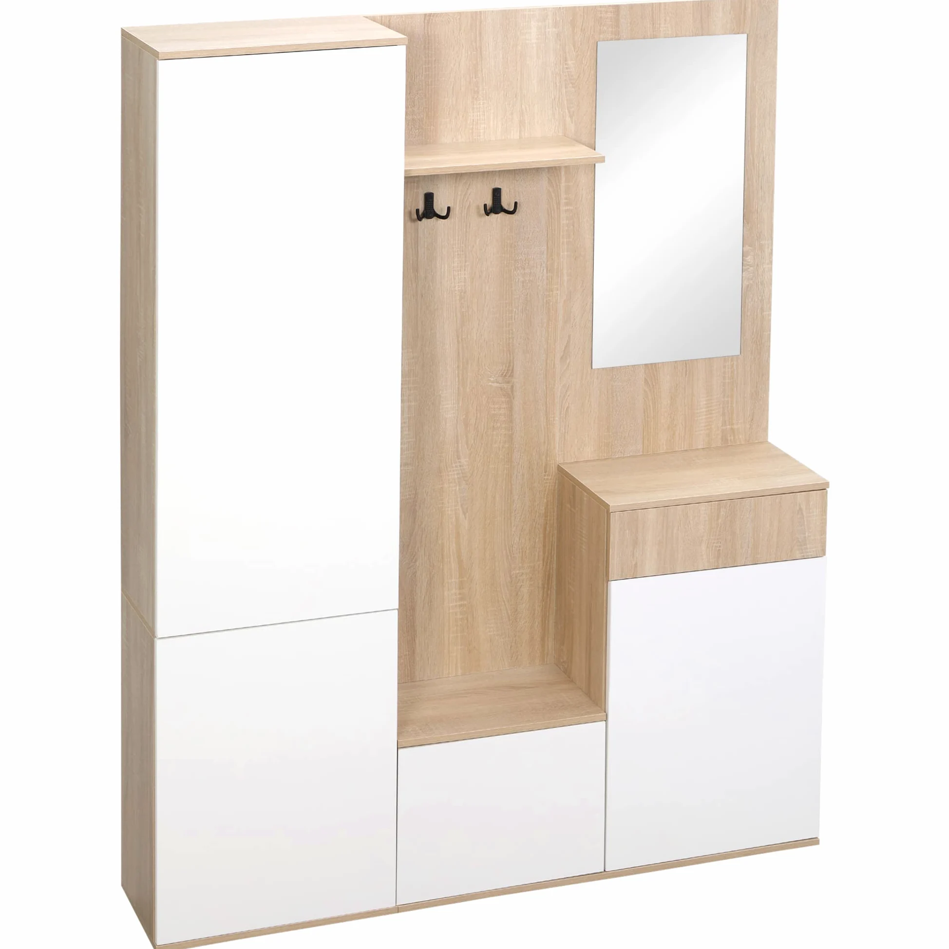HOMCOM Mobile Attaccapanni da Ingresso 4 in 1 con Specchio, Ganci e Ripiani Regolabili Interni, Mobile da Ingresso Multiuso in Legno con Cassetto, 145x29x184 cm, Legno Naturale e Bianco