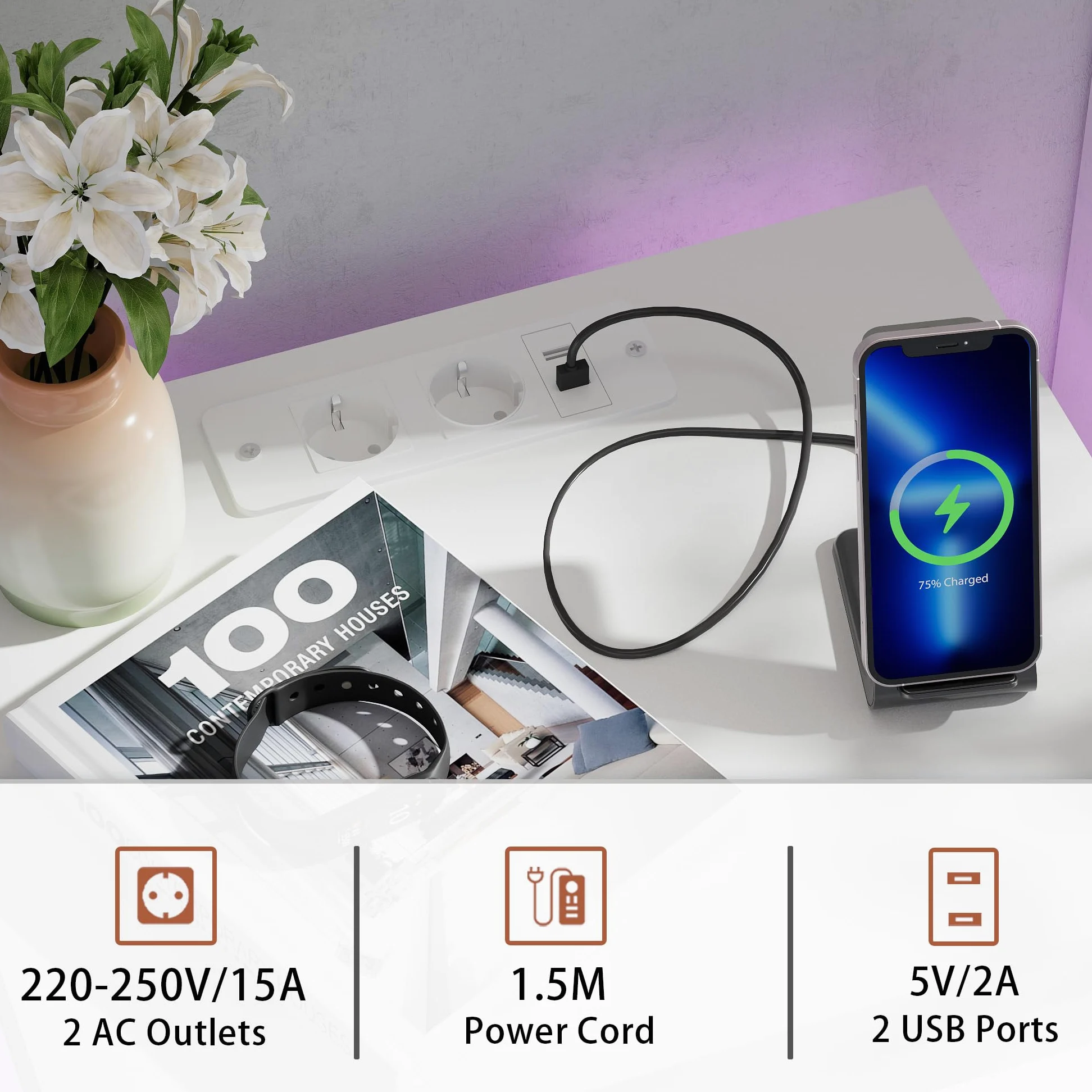 Set 2 Comodino con Presa Elettrica e LED RGB, comodini camera da letto Moderni a 3 Cassetti Laccati e Antrato Aperto, 2 AC 2 USB LED RGB e Telecomando, per Soggiorno, Bianco 50cm Larghezza
