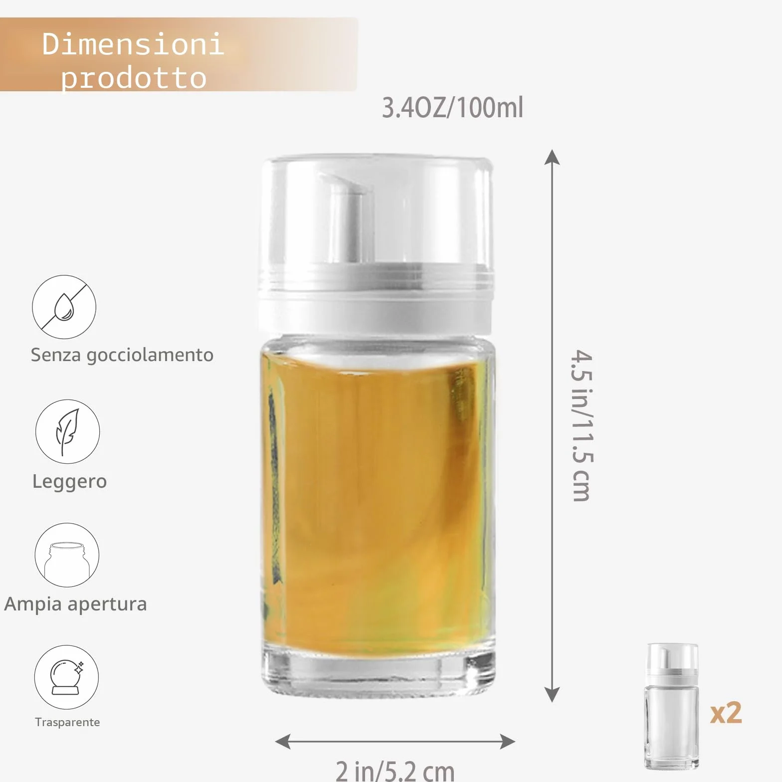 Bottiglie Dispenser per Olio e Aceto in Vetro 100 ml, 2 Pezzi, a Prova di Perdite