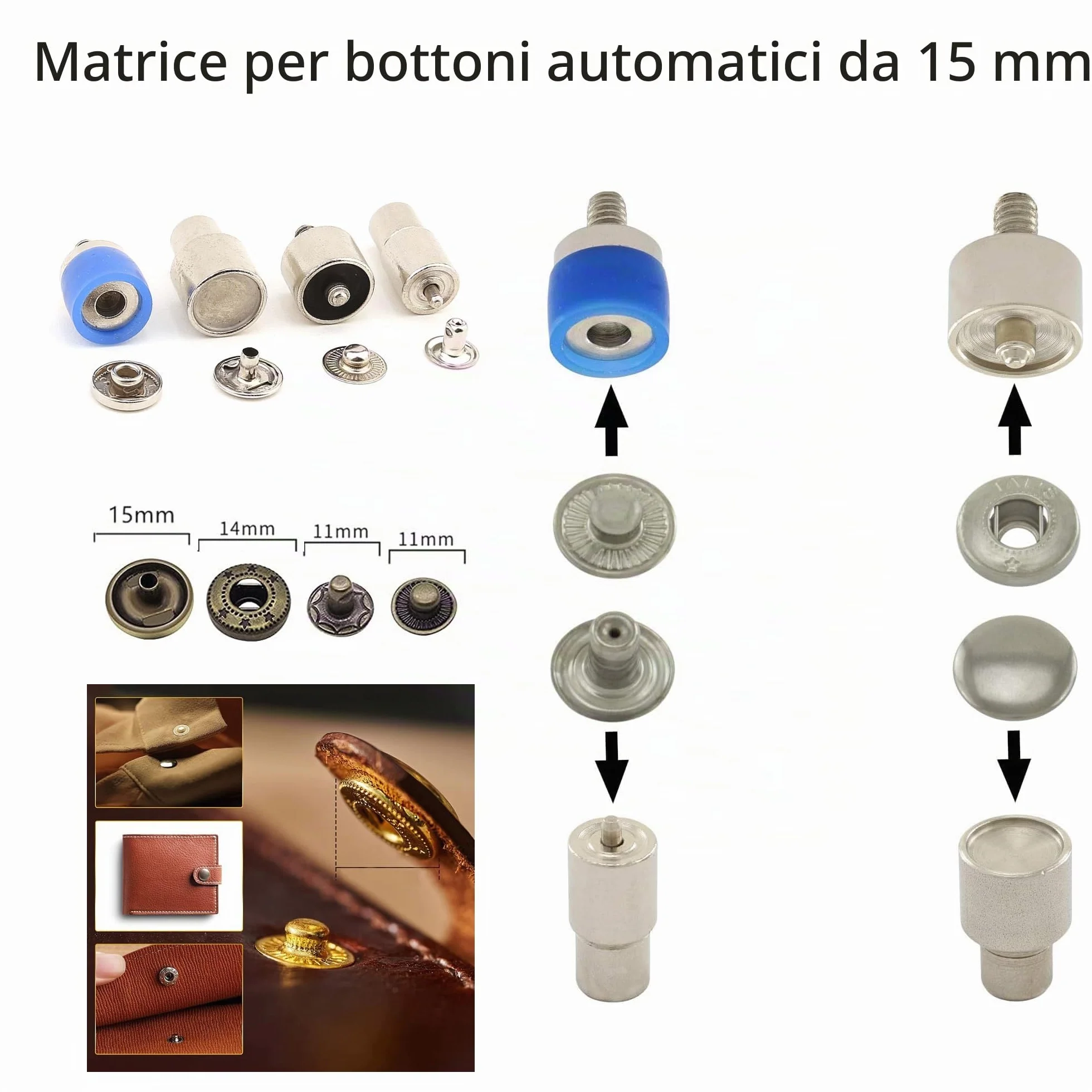 Set di macchine a pressione manuale DIE-SET-10 con fustelle per bottoni a pressione, occhielli, rivetti