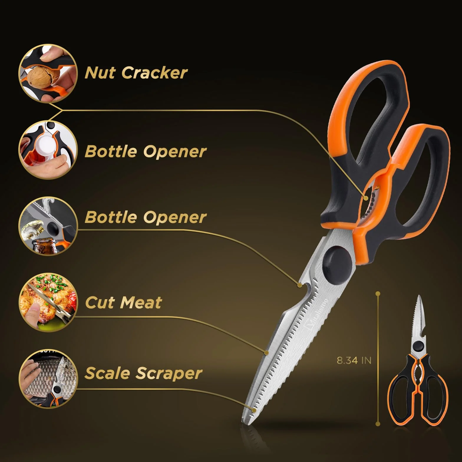Vitalismo Forbici da Cucina Professionali Multiuso - Forbici Cucina Acciaio Inox Forti con Apribottiglie Lama Affilata Coprilama Manico Antiscivolo per Carne Pollo Pollame Pizza Griglia Osso Noci
