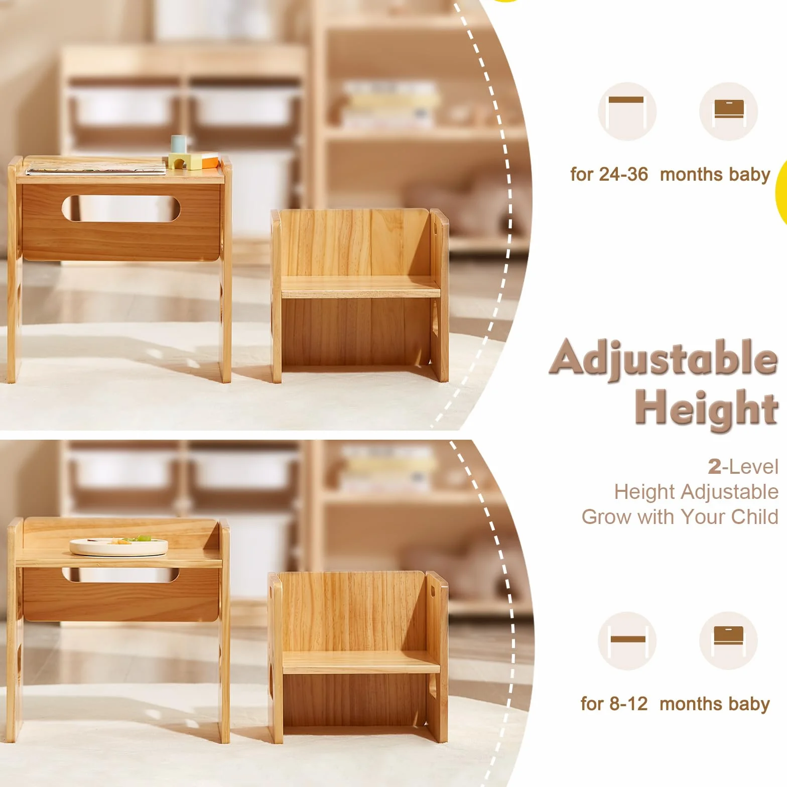 FUNLIO Set di tavolo e sedia Montessori regolabili in altezza per età 1-3, in legno massiccio, set di sedia da tavolo per bambini per leggere/mangiare/giocare - Naturale