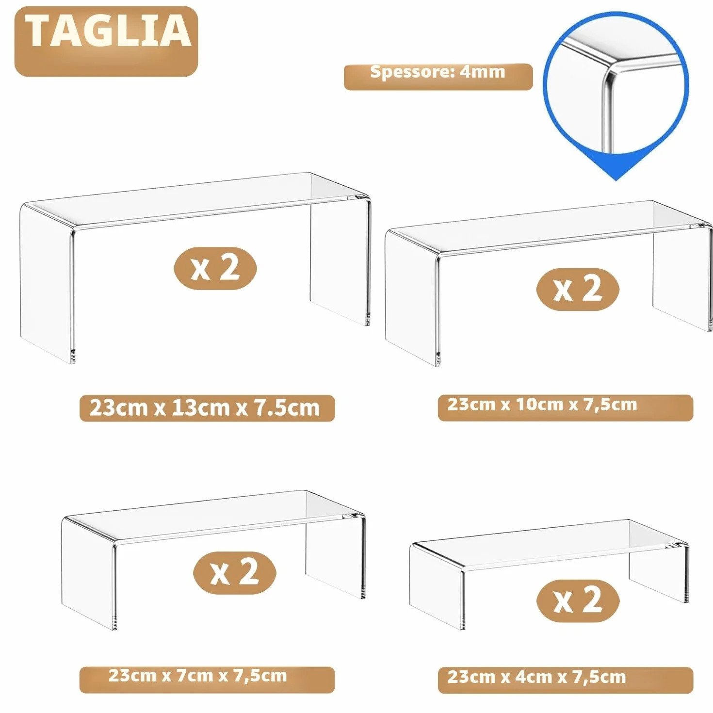 KAHEIGN 8 Pezzi Alzate Grandi in Acrilico, 2 Sets 4 Ripiani Mensola Trasparente per Espositori Supporto da Tavolo per Profumi Cupcake Figure Dessert Cibo Cosmetici Lozione Crema Gioielli