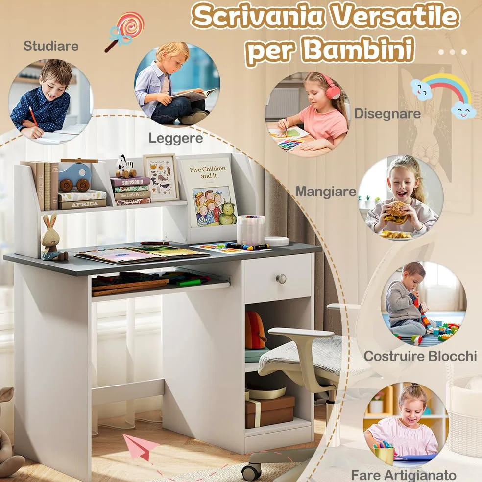 COSTWAY Scrivania per Bambini 3-6 Anni, Tavolo in Legno con Vassoio per Tastiera e Cassetto, Libreria Laterale e Mensole Superiori e Ampio Piano del Tavolo, Ideale per Cameretta (Grigio)