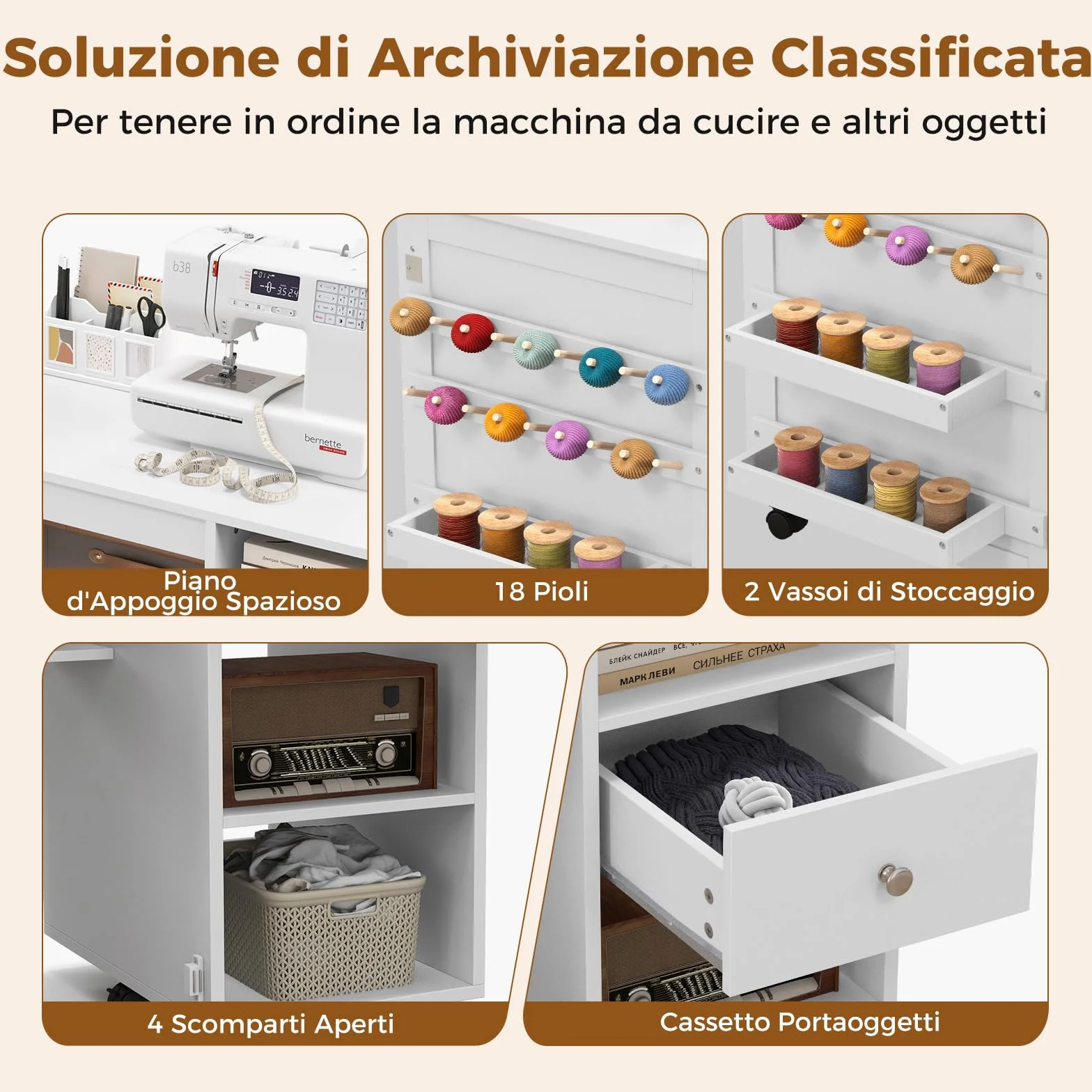 RELAX4LIFE Tavolo da Cucito Pieghevole su Ruote con Ripiani e Cassetto