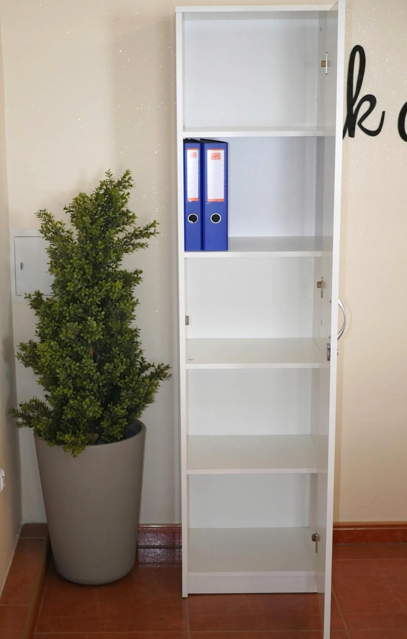 Armadio per ufficio con serratura, armadietto per documenti, libreria per ufficio con 1 porta e 5 scomparti, armadietto universale per ufficio e casa 180x44,5x35 cm (Bianco)