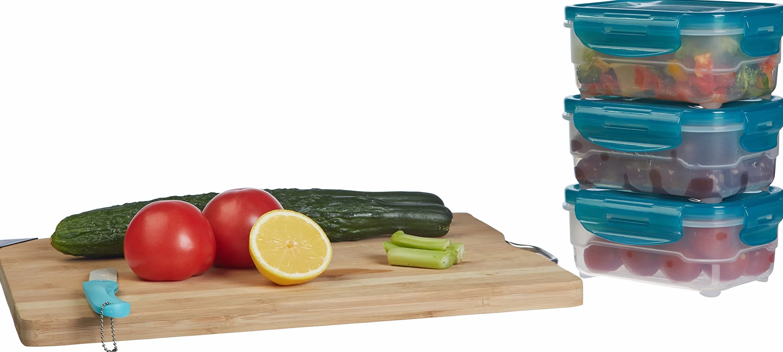 Amazon Basics Set di 3 contenitori ermetici per alimenti da 0.6 litri, senza BPA, plastica, azzurro