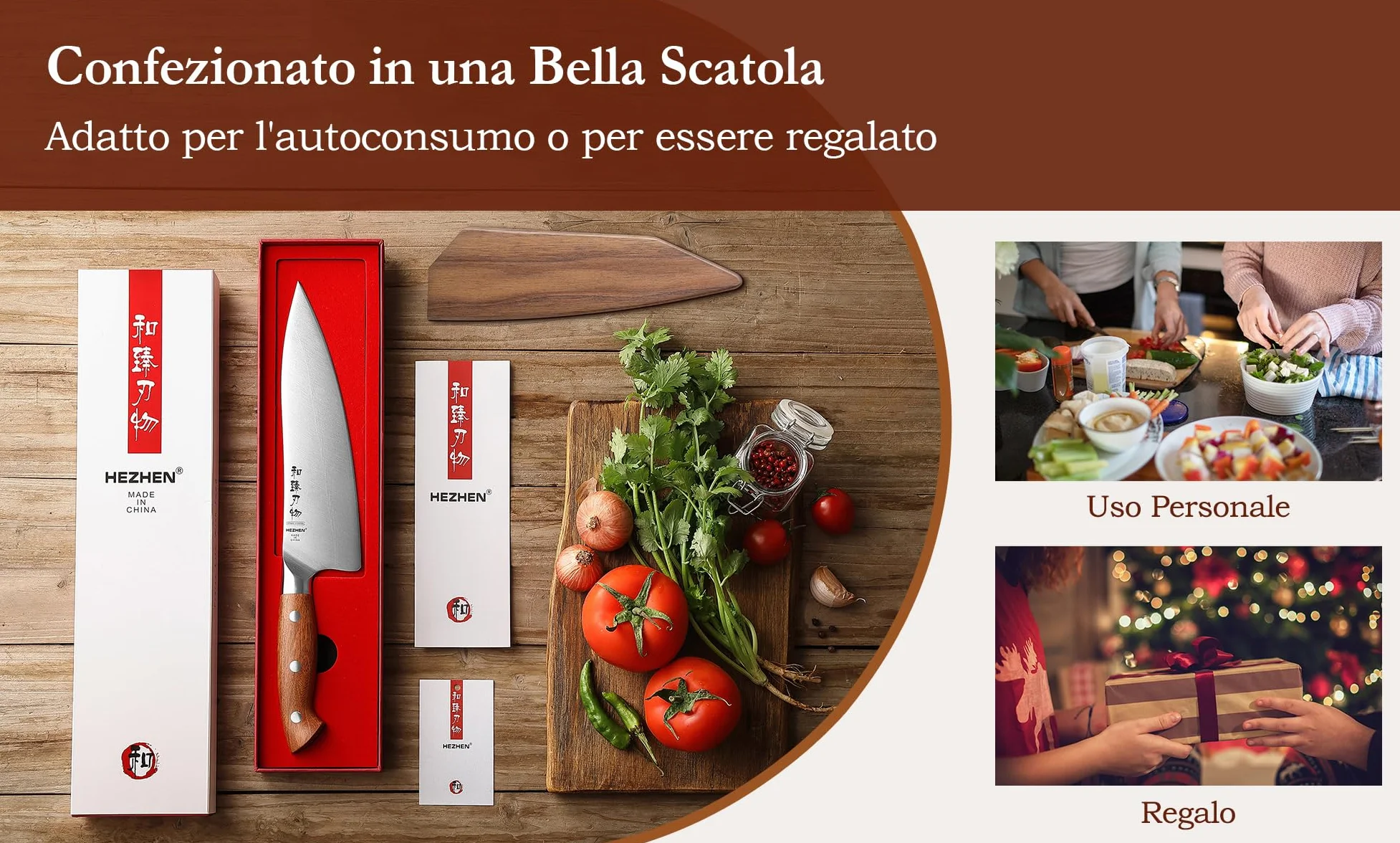 Coltelli da Chef HEZHEN 21cm Acciaio German DIN1.4116 Full Tang Manico Redwood