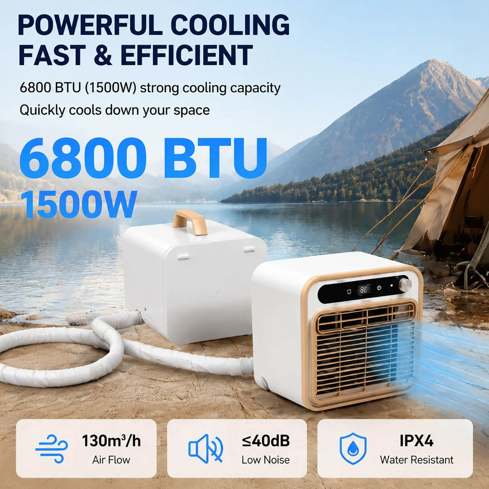 Condizionatore Portatile Split da 6800 BTU, climatizzatore Mobile Compatto con unità Esterna, Portata d'Aria di 130 m³/h, Telecomando; Ideale per Campeggio, roulotte, casa e Ufficio.