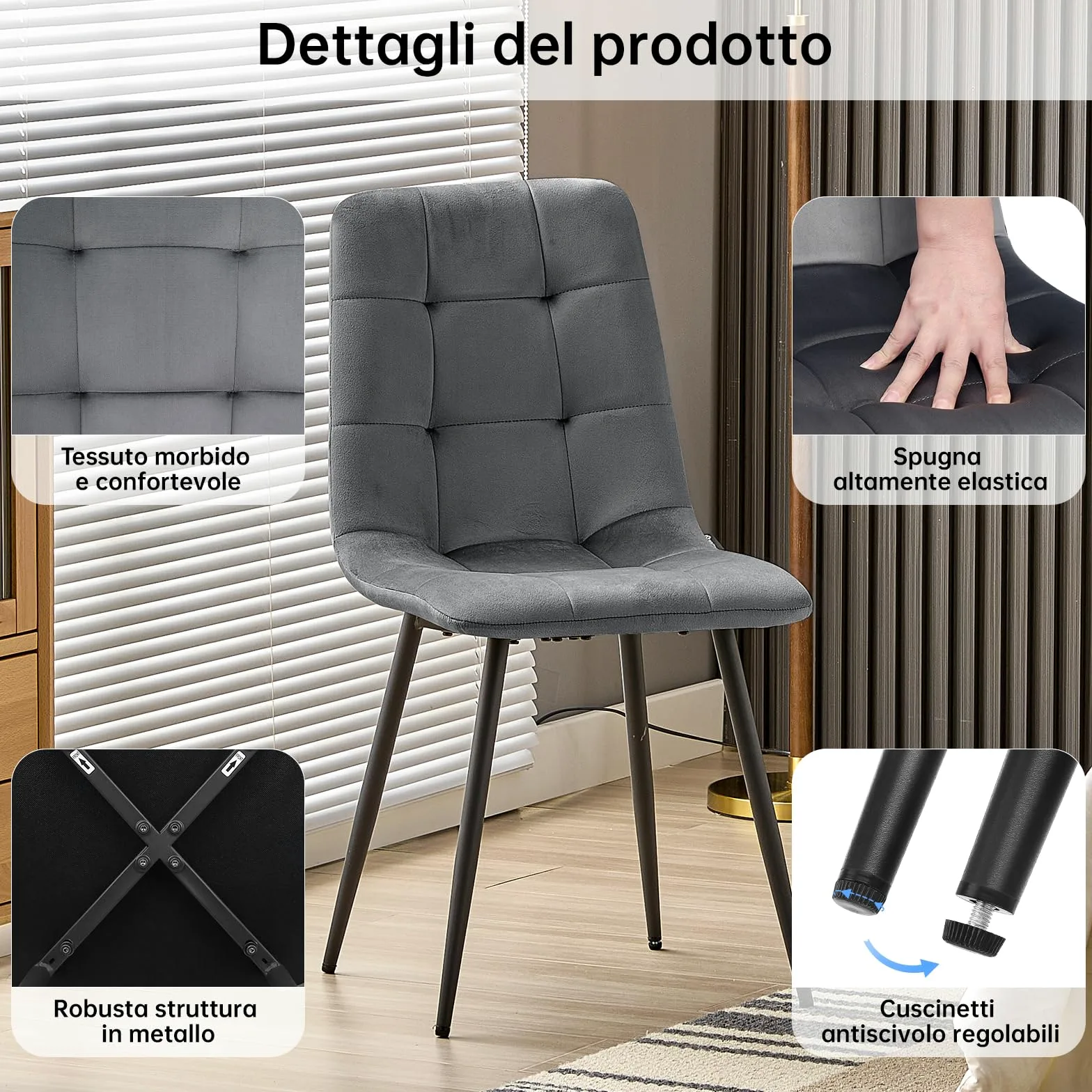 LEWE Set tavolo e sedie da pranzo,Tavolo da Cucina rettangolare in legno 140 x 80 x 76 cm，con 6 Sedie imbottite in Velluto per Cucine per Cucina, Soggiorno, Sala da Pranzo(Legno Scuro+Grigio scuro)