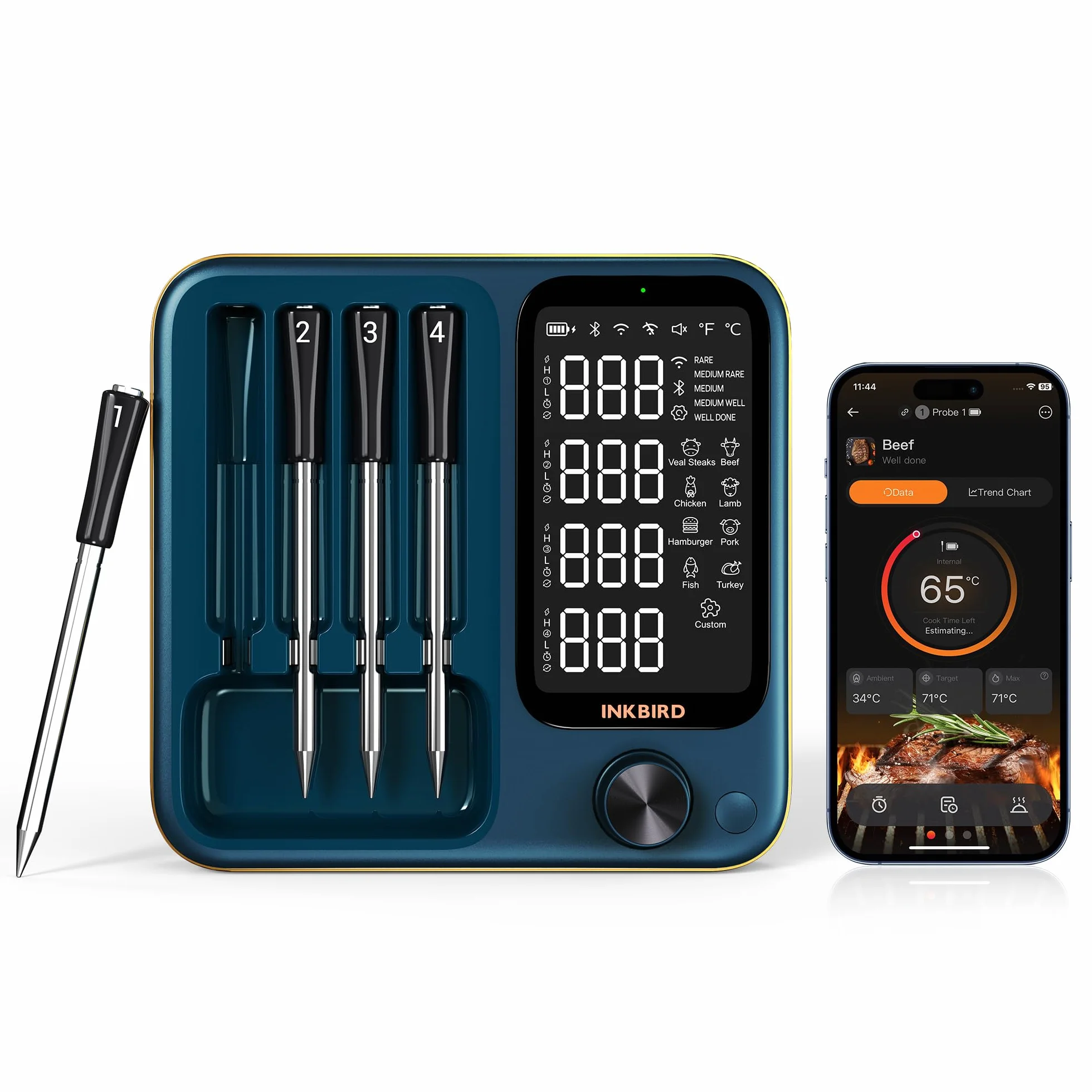 Inkbird INT-14S-BW - Termometro da carne senza fili, WiFi 5G e Bluetooth 5.4, con 4 sonde multisensore, certificato NIST, monitoraggio Apple Watch, per barbecue, forno, affumicatore