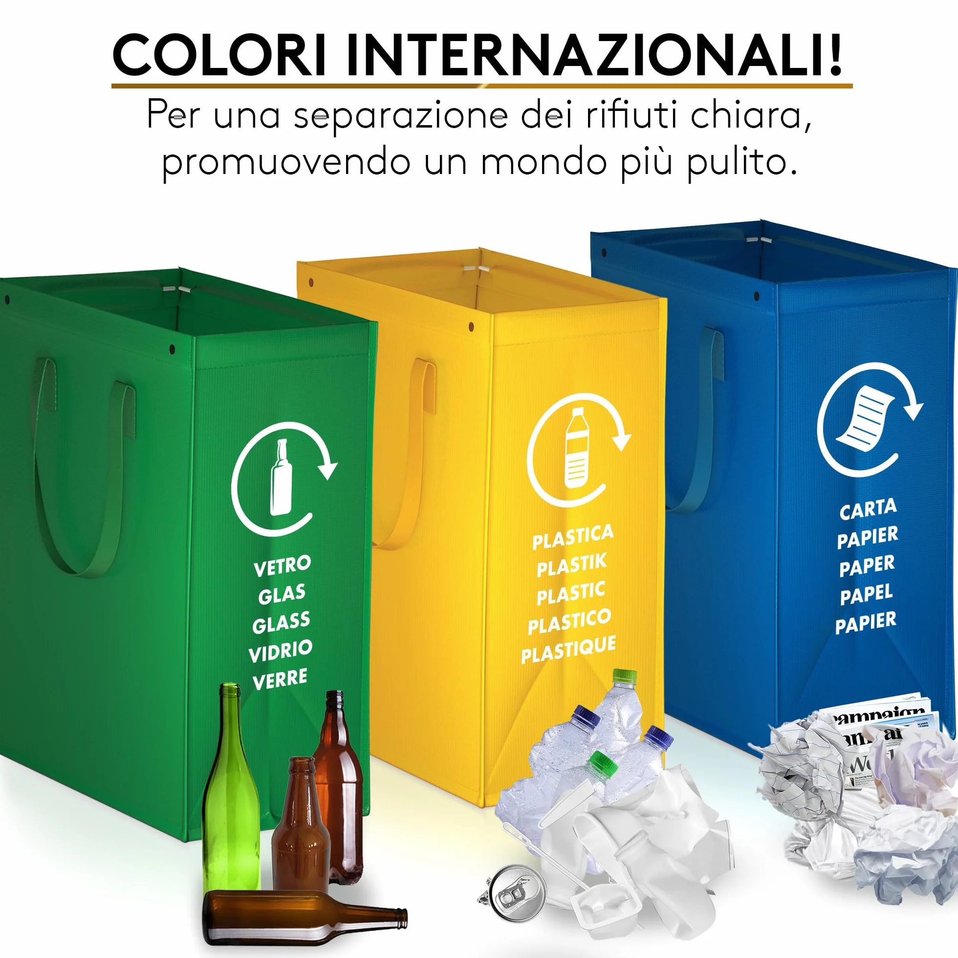 Borse Raccolta Differenziata - 3 Bidoni Differenziata da Interno ed Esterno per Carta, Plastica e Vetro - Set Pattumiera Differenziata 3 Scomparti - Pattumiera Sottolavello