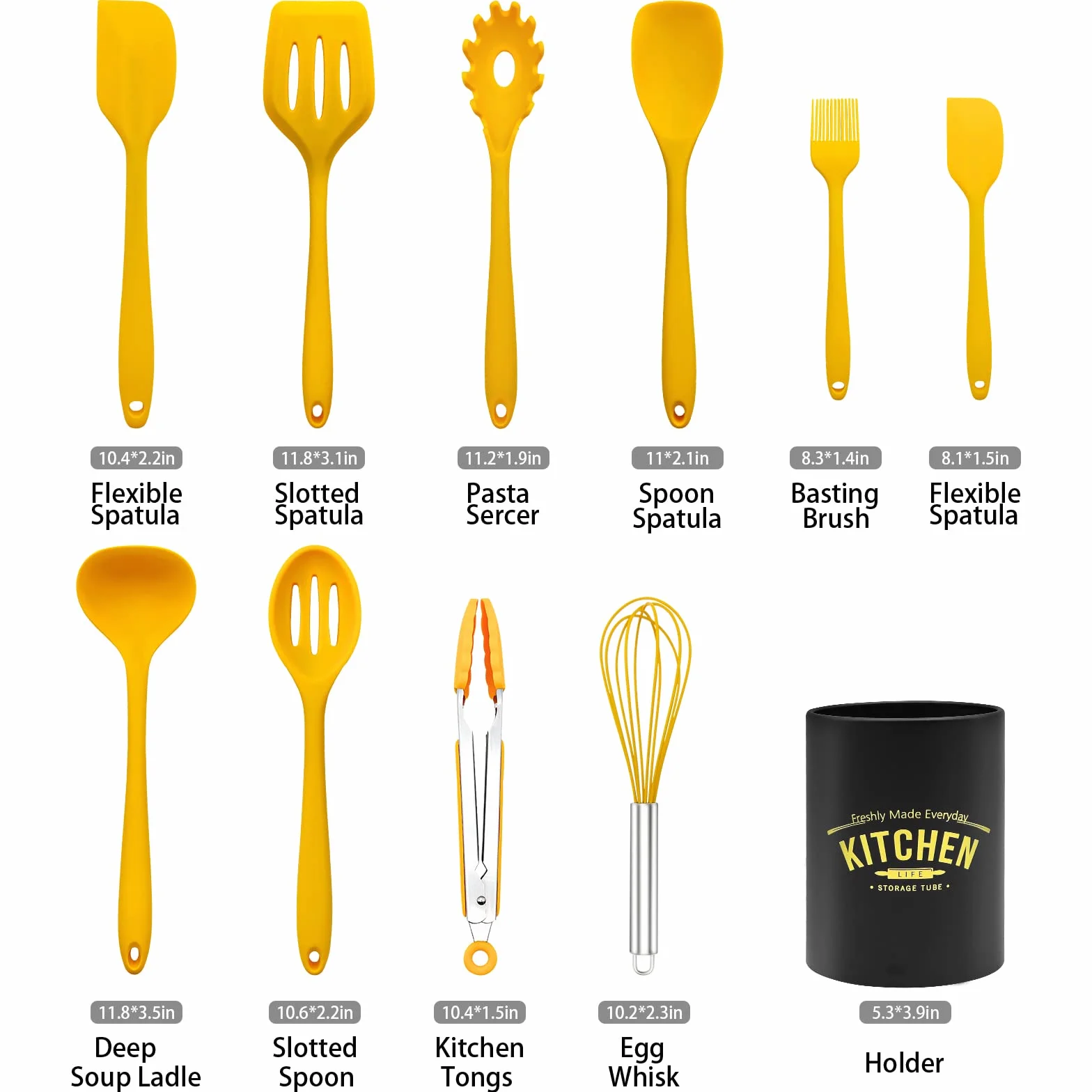 Set di utensili da cucina in silicone antiaderente con supporto in ferro, 11 pezzi (giallo)