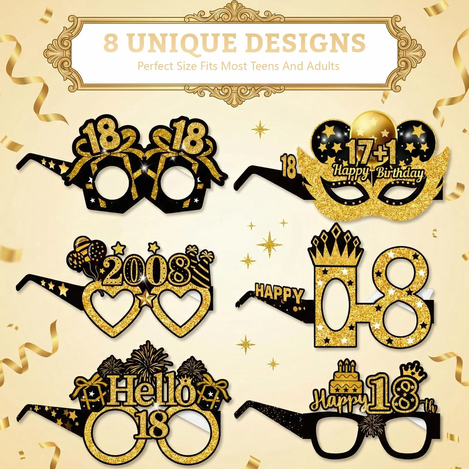 Occhiali di Carta Decorativi 18° Compleanno Nero-Oro Happy 18th Birthday Accessori Box Foto Compleanno