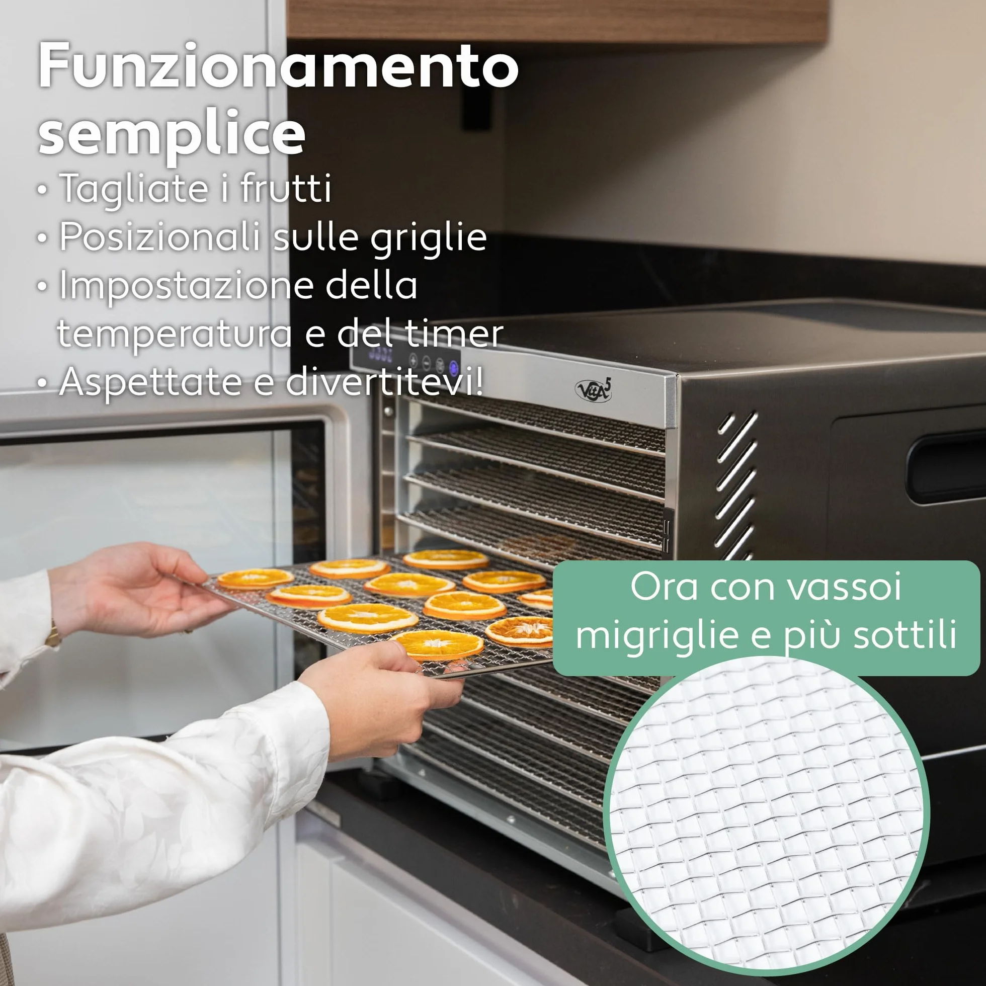 Vita5 Essiccatore Alimentare con 6 Vassoi in Acciaio Inox - Essicatore Frutta e Verdura 24 Ore Timer - Disidratatore Alimenti Temperatura Regolabile 35-75°C - 650W Essiccatore da Casa in Inox