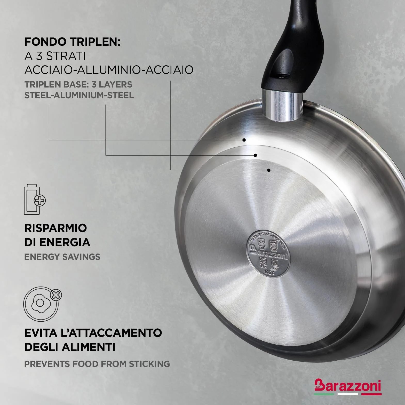 Barazzoni Le Inoxidabili Padella 24 cm Acciaio Inox 18/10 Induzione Gas Triplo fondo PFAS free