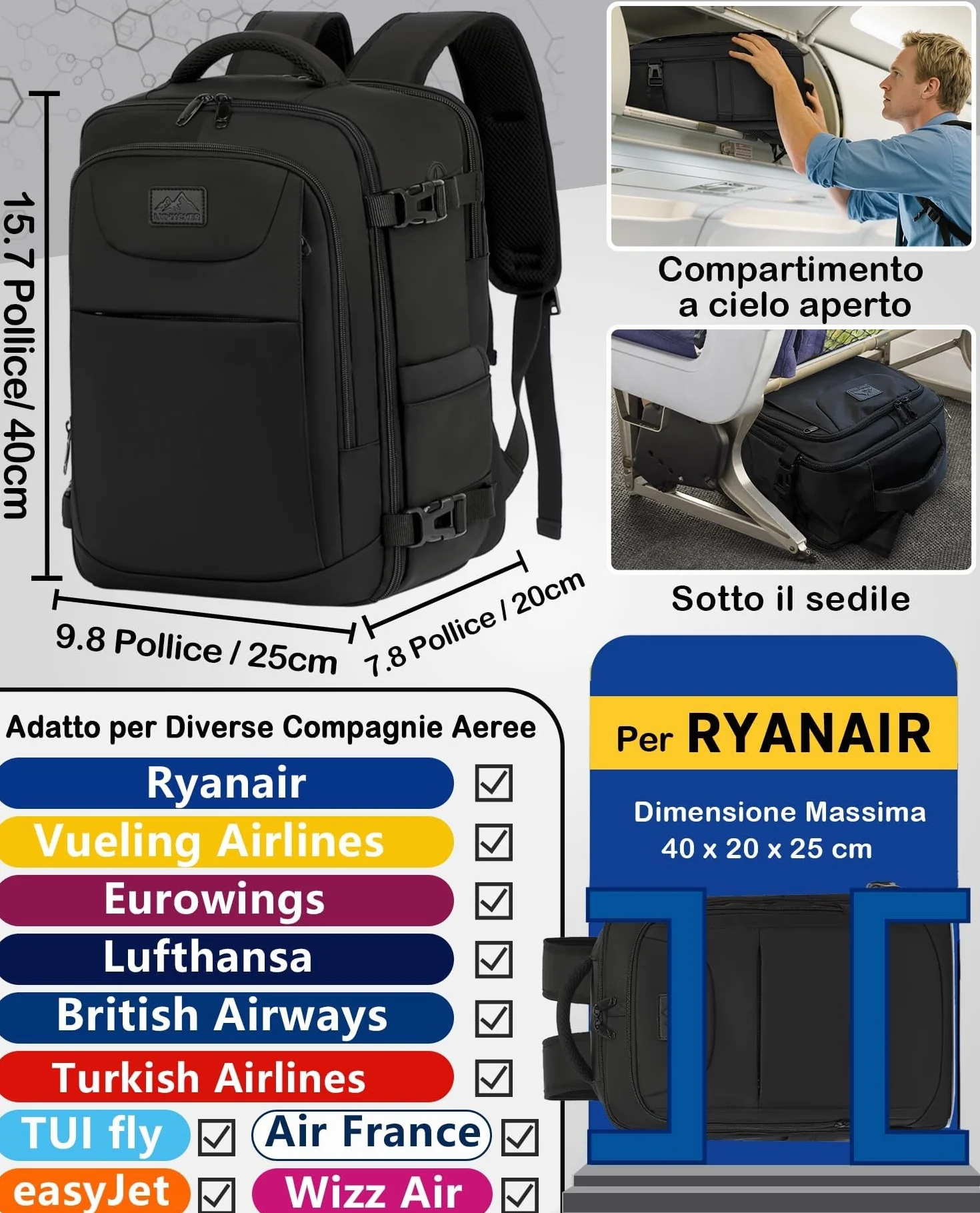 Zaino Ryanair 40x20x25 Bagaglio a Mano Aereo 20L per Viaggio Lavoro Trekking Nero