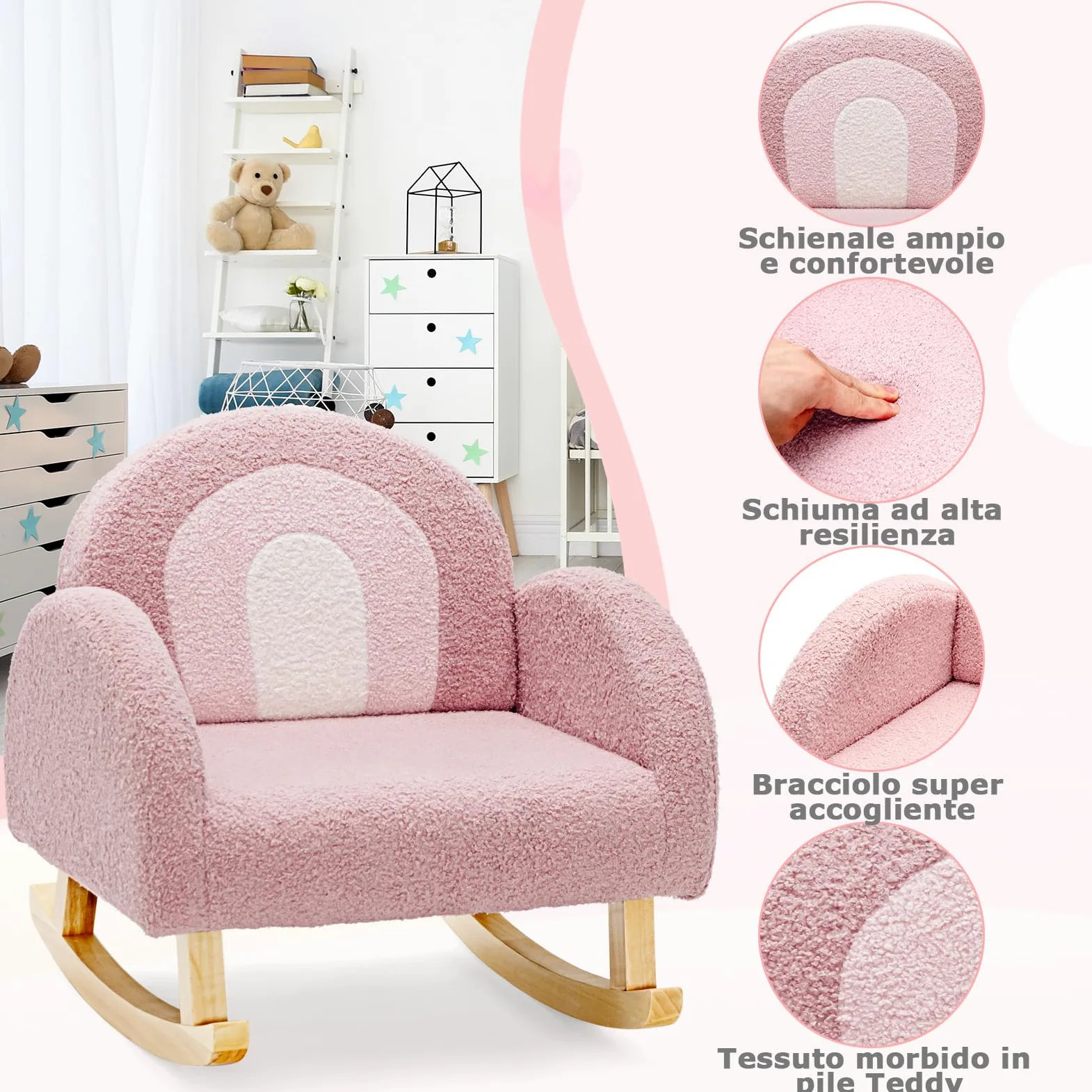 COSTWAY Sedia a Dondolo per Bambini con Gambe in Legno Massiccio, Poltrona a Dondolo per Bambini con Cuscinetti Antiscivolo, per Stanza dei Giochi, Camera da Letto, Scuola Materna (rosa)