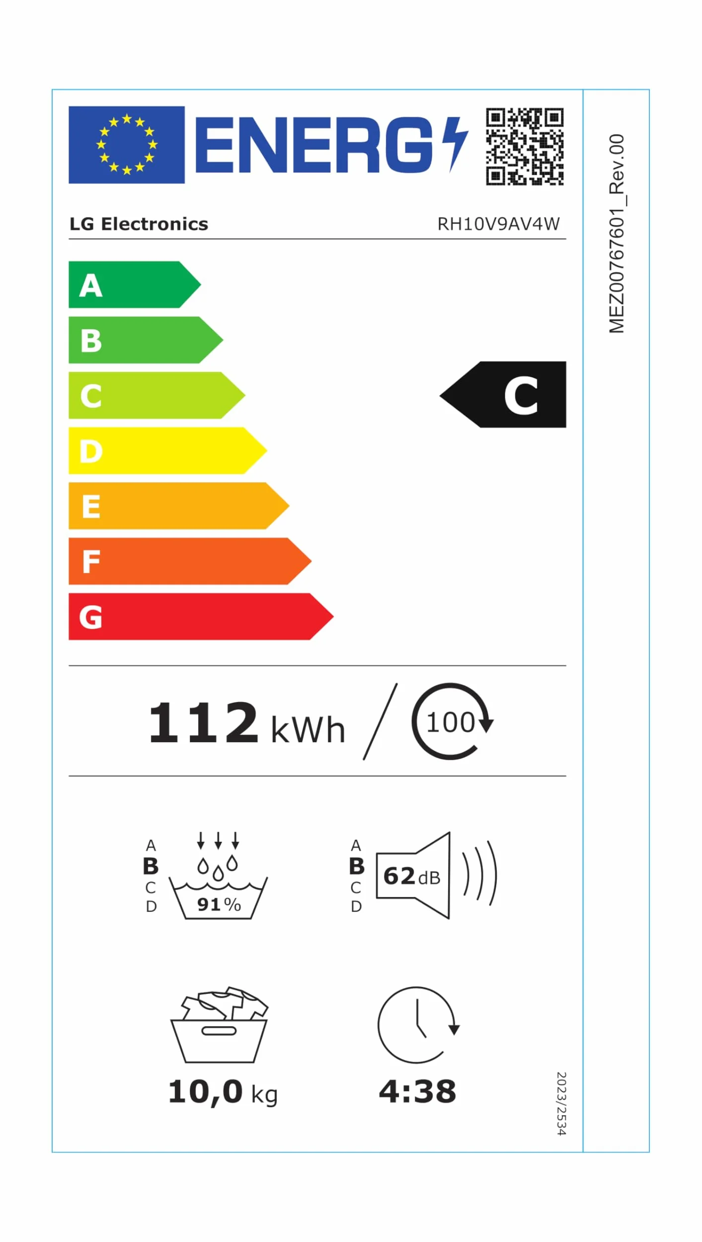 LG RH10V9AV4W Asciugatrice Smart a Carica Frontale 10kg, Serie V9, Classe C, Condensazione con Pompa di calore DUAL Inverter, Eco Hybrid, Condensatore autopulente, Allergy Care, Wi-Fi, Bianca