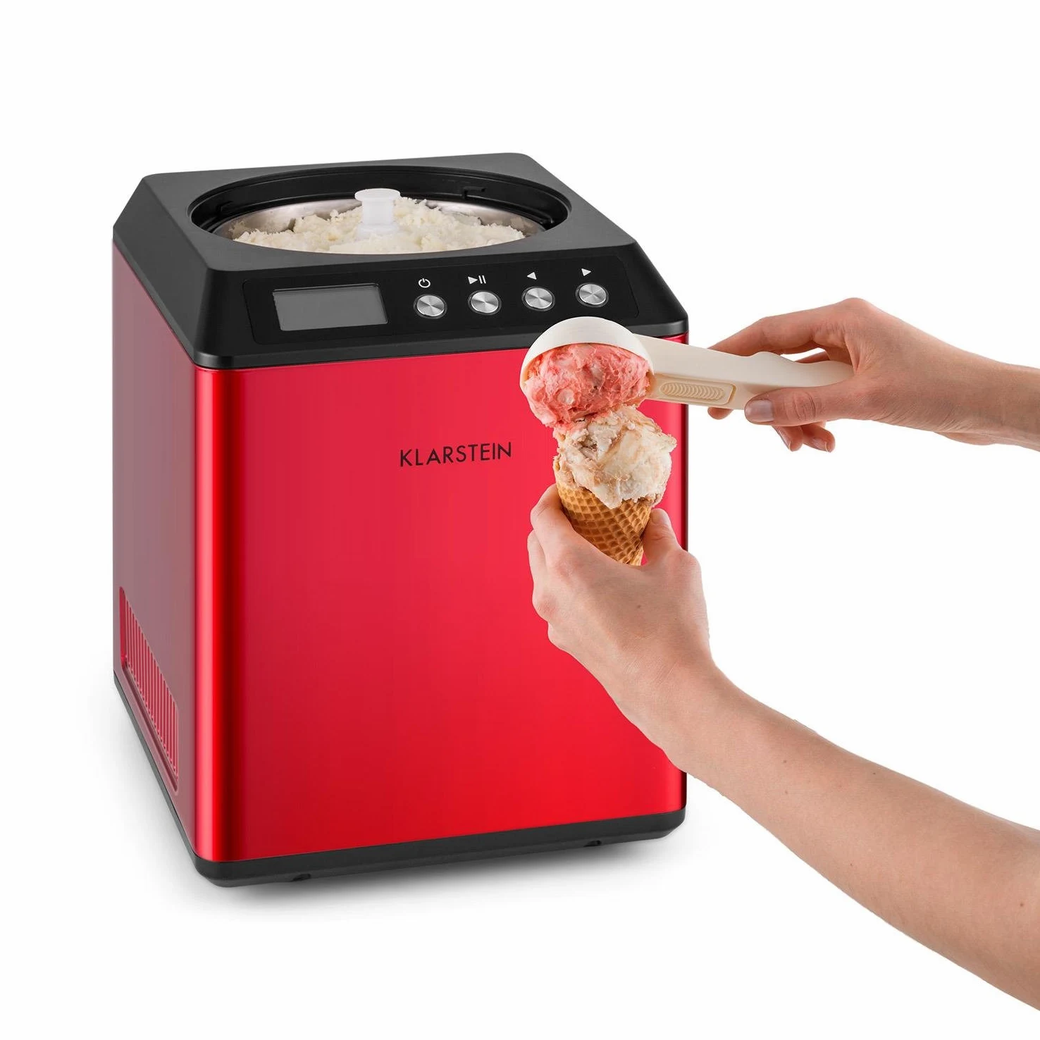 Klarstein Vanilla Sky - Macchina per Gelato, Funzione di Raffreddamento, Timer, 3-4 min, Display LED, Facile da Pulire, Acciaio Inox, Cucchiaio, 18 Watt, Capacità: 2 Litri, Rosso