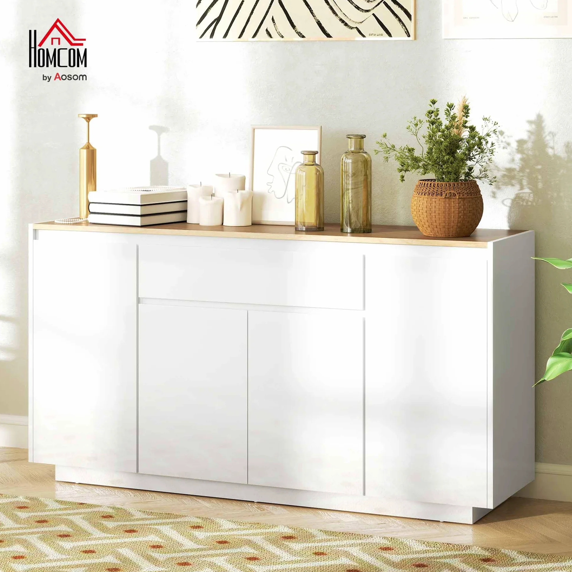 HOMCOM Credenza Cucina con 3 Armadietti a 4 Ante, Mobile Cucina Moderna con Cassetto, Ripiano Regolabile e Ante Soft-Close, Madia in Legno MDF per Soggiorno, Sala da Pranzo, 140x40x75 cm, Bianco
