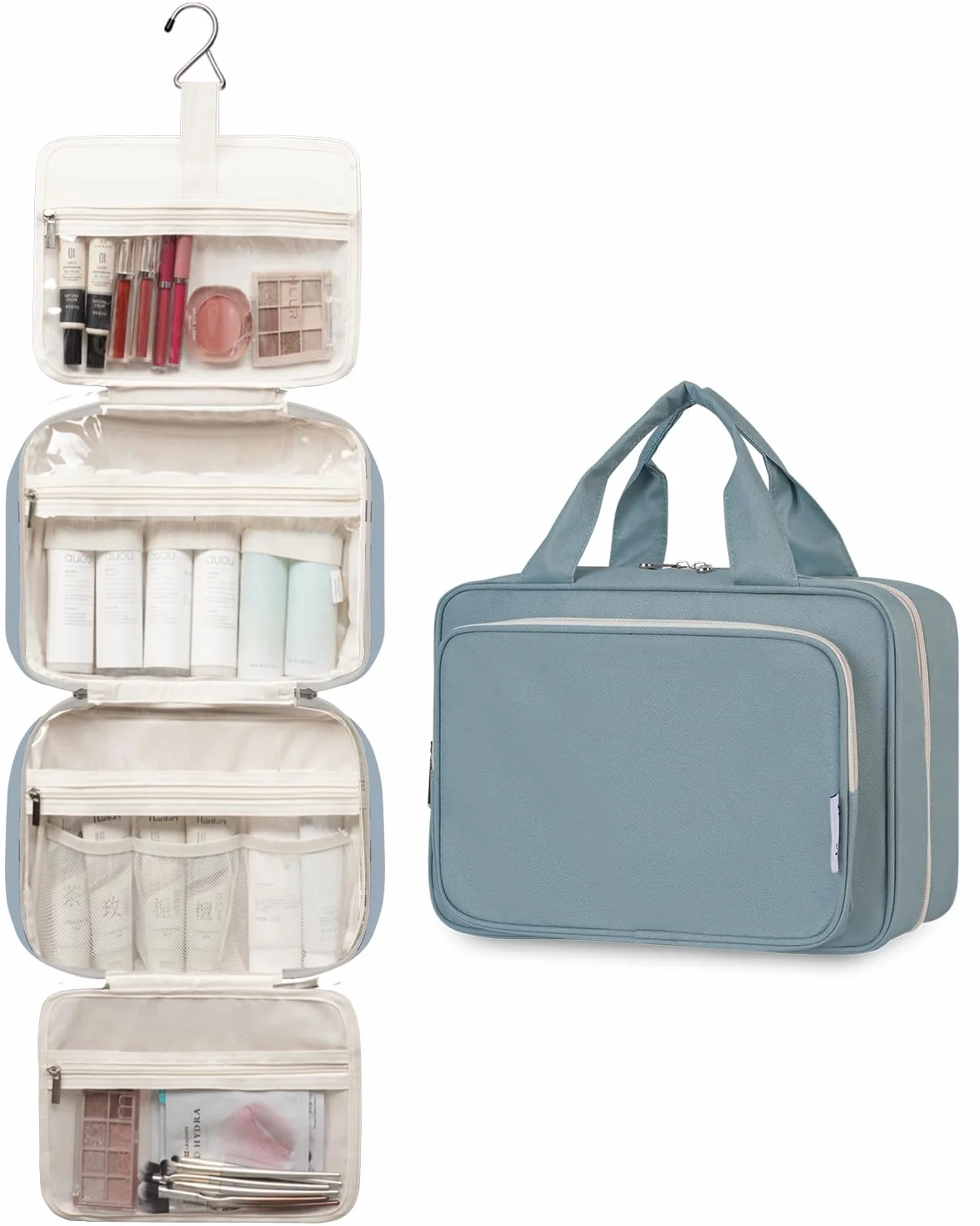 Narwey Beauty Case da Grande Viaggio, Beauty Case da Appendere per Donna Uomo,Borsa da Toilette da Travel Kit Viaggio, Grande Trousse Pochette Trucchi Donna per Viaggio (Blu Grigio (Grande))