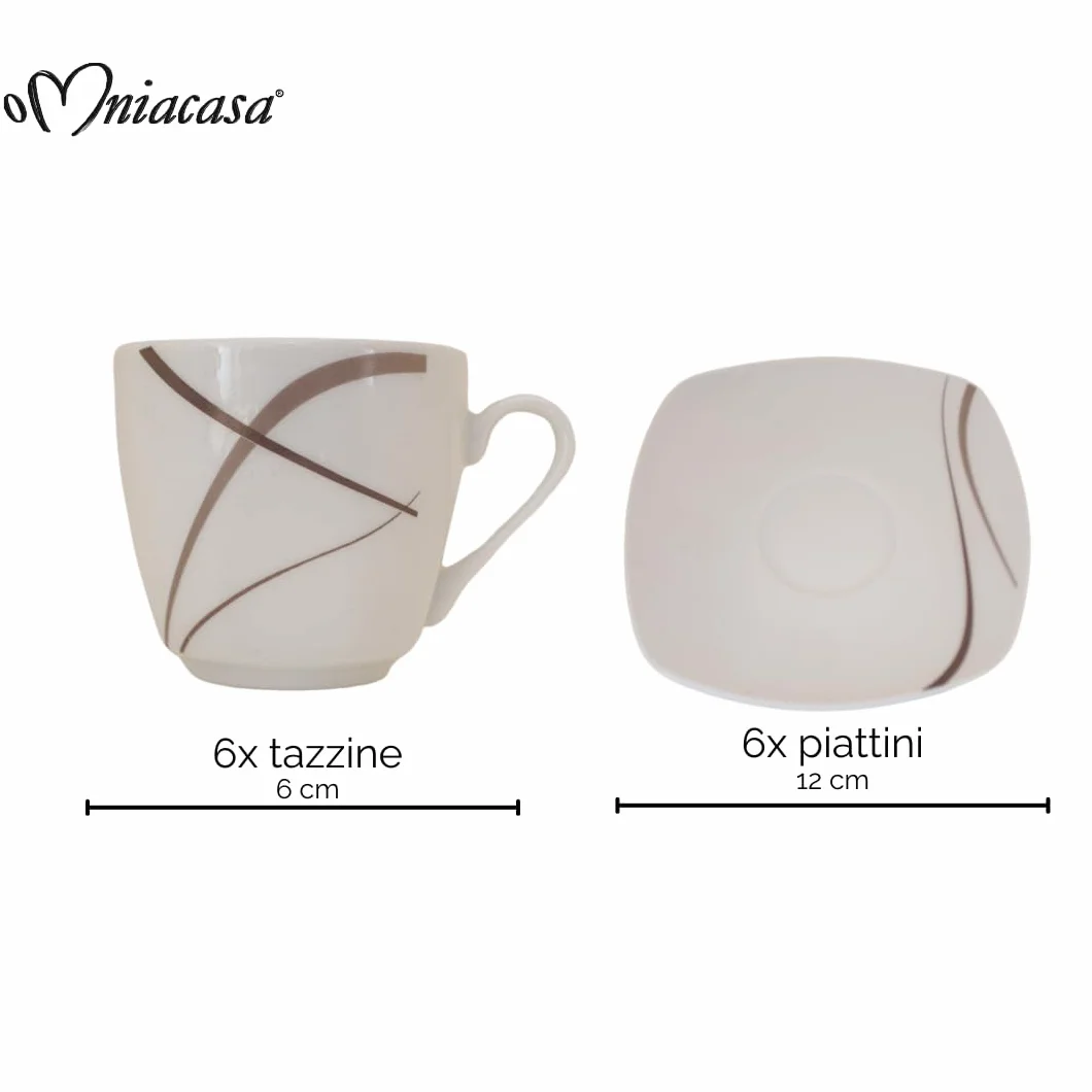 Servizio di Tazzine da Caffè 12 Pezzi per 6 Persone Strips Tortora Design Moderno in Porcellana Resistente, Lavabili in Lavastoviglie e Utilizzabili in Microonde.