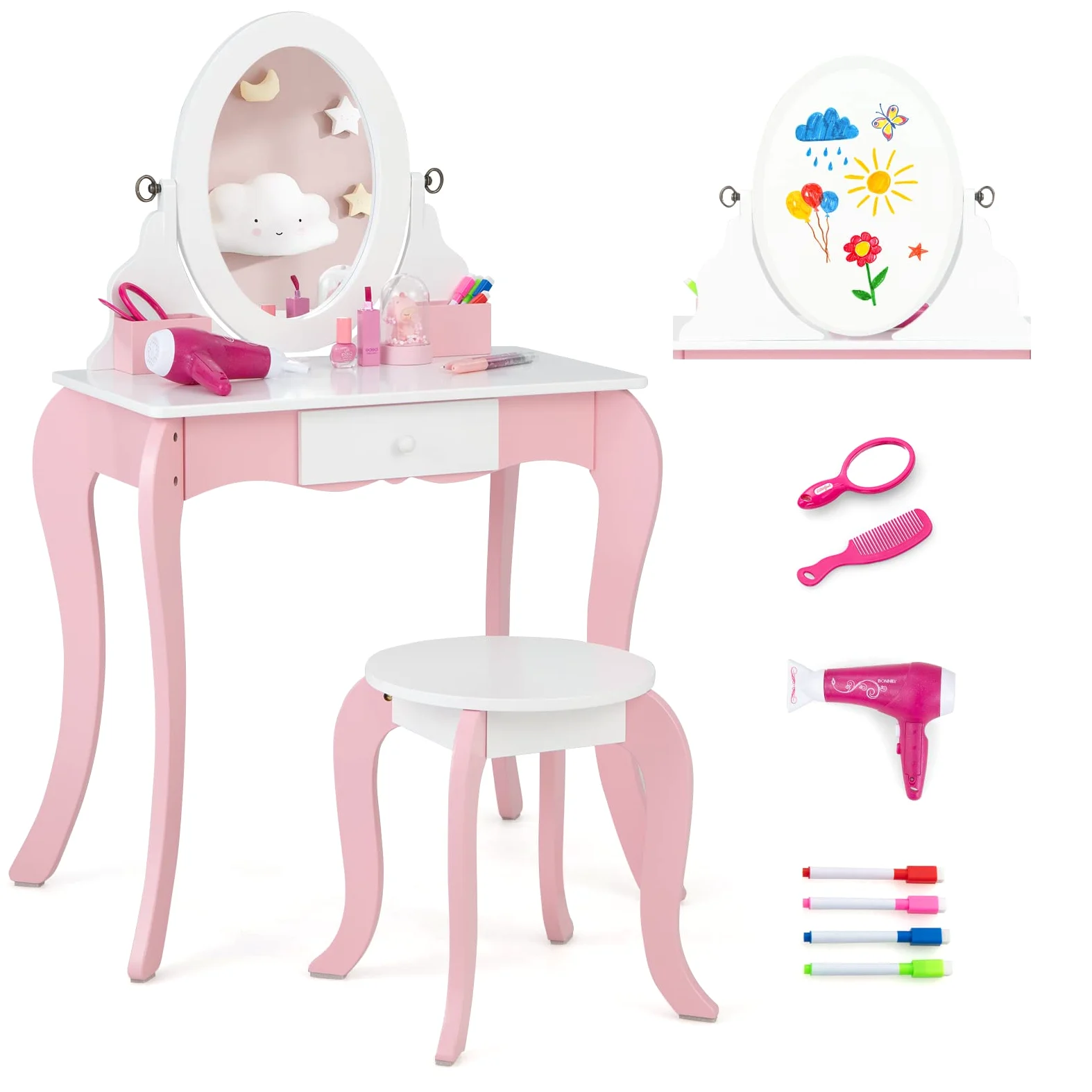 RELAX4LIFE 2 in 1 Toeletta Trucco per Bambini, Set Tavolo da Trucco per bambini, Specchio e Sgabello, Set di Vanità per Bambini da 3 a 7 anni