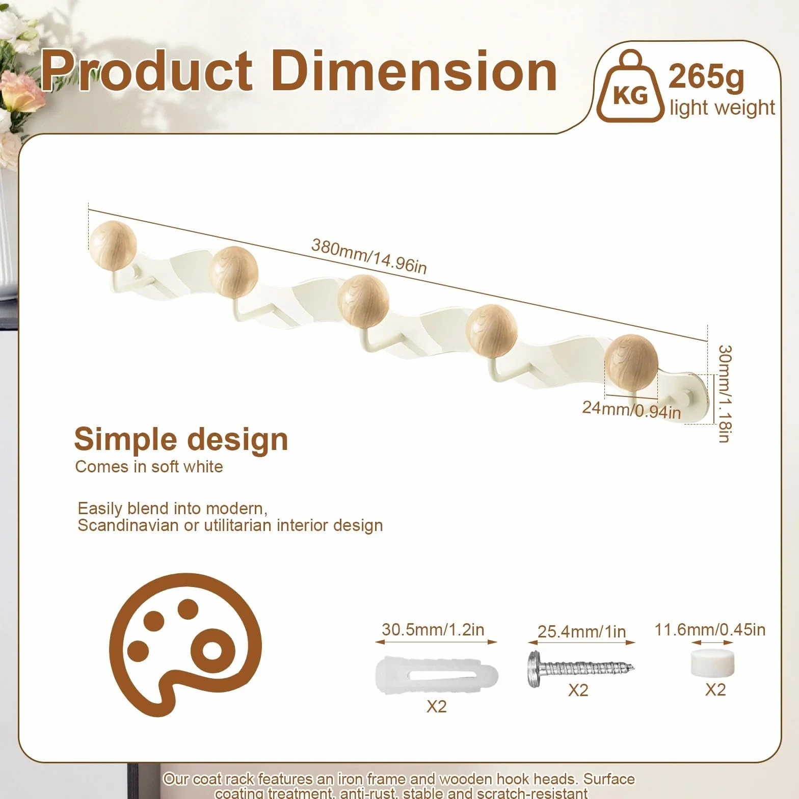 Appendiabiti da Muro 38 cm Attaccapanni Moderno 5 Ganci Legno Bianco Parete