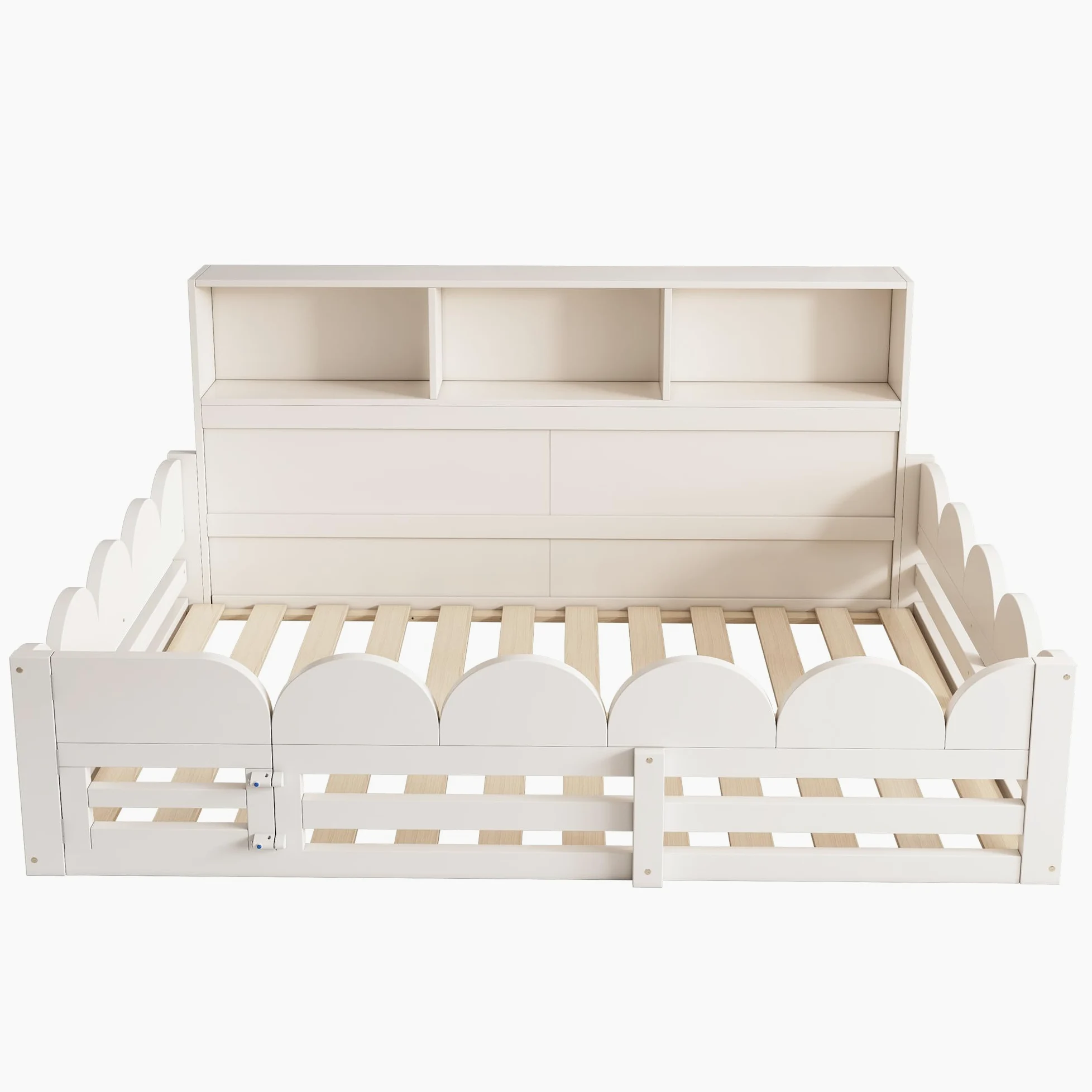 Montessori Letto a Terra per Bambini 140x200cm con Mensola, Protezione Anticaduta e Sportello, Letto Piazza e Mezza per Bambini, Strutture letto in legno di Pino per Cameretta ragazzi (Senza Materasso