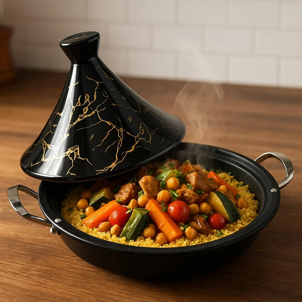 Tajine Royal Swiss - Acciaio inox antiaderente, coperchio in porcellana, per tutti i piani cottura, a induzione, a gas, elettrica, cucina sana (nero, 34 cm)