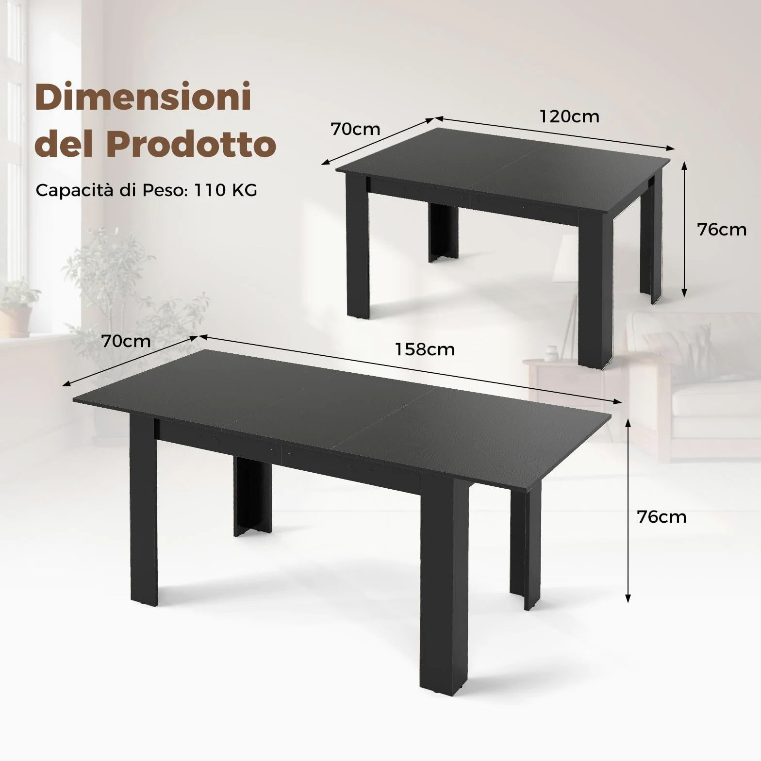 COSTWAY Tavolo Allungabile da Pranzo per 4-6 Persone, Tavolo Consolle Estensibile, Tavolo Moderno da Cucina, Soggiorno e Sala da Pranzo, 158 x 70 x 76 cm, Nero (Nero)