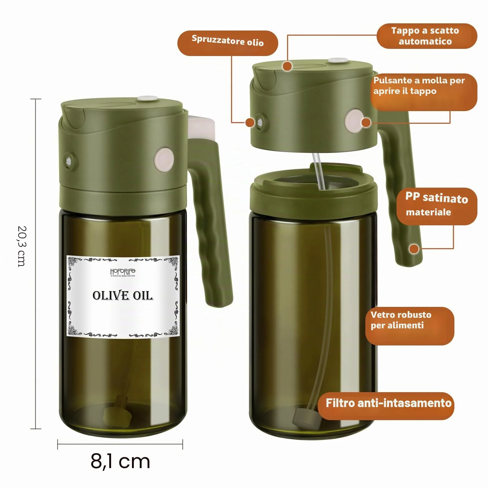 Bottiglia spray olio d'oliva in vetro 552 ml dispenser 2 in 1 per cucina