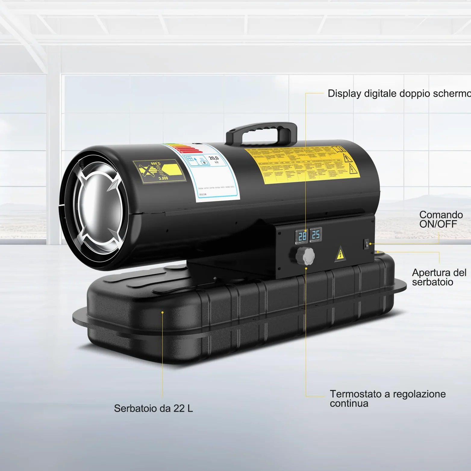 Riscaldatore Diesel 20 kW - Termoventilatore Industriale | Portata 550 m³/h - Termostato Regolabile & Indicatore Livello Gasolio - Per Officine, Cantieri, Uso Agricolo
