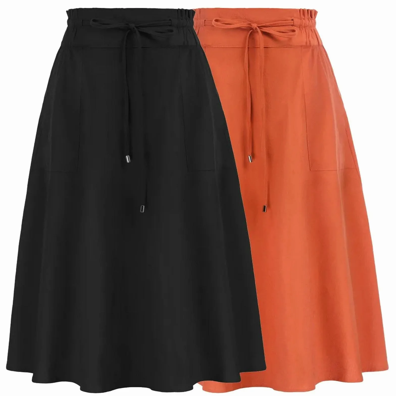 Gonna Longuette di Lino Casual Donna a Pieghe con Cravatta a Punto Smock e Tasche Vita Alta