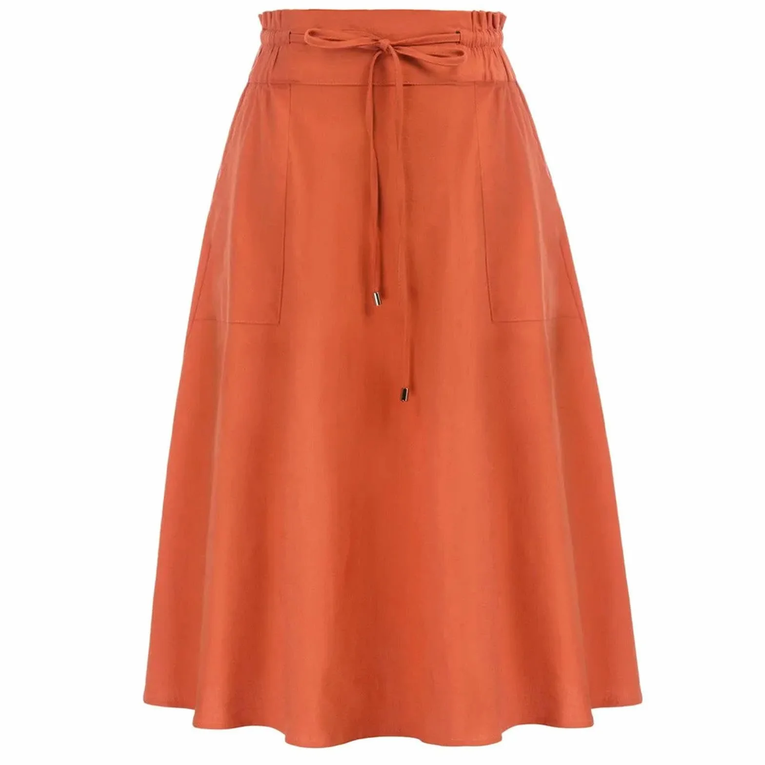 Gonna Longuette di Lino Casual Donna a Pieghe con Cravatta a Punto Smock e Tasche Vita Alta